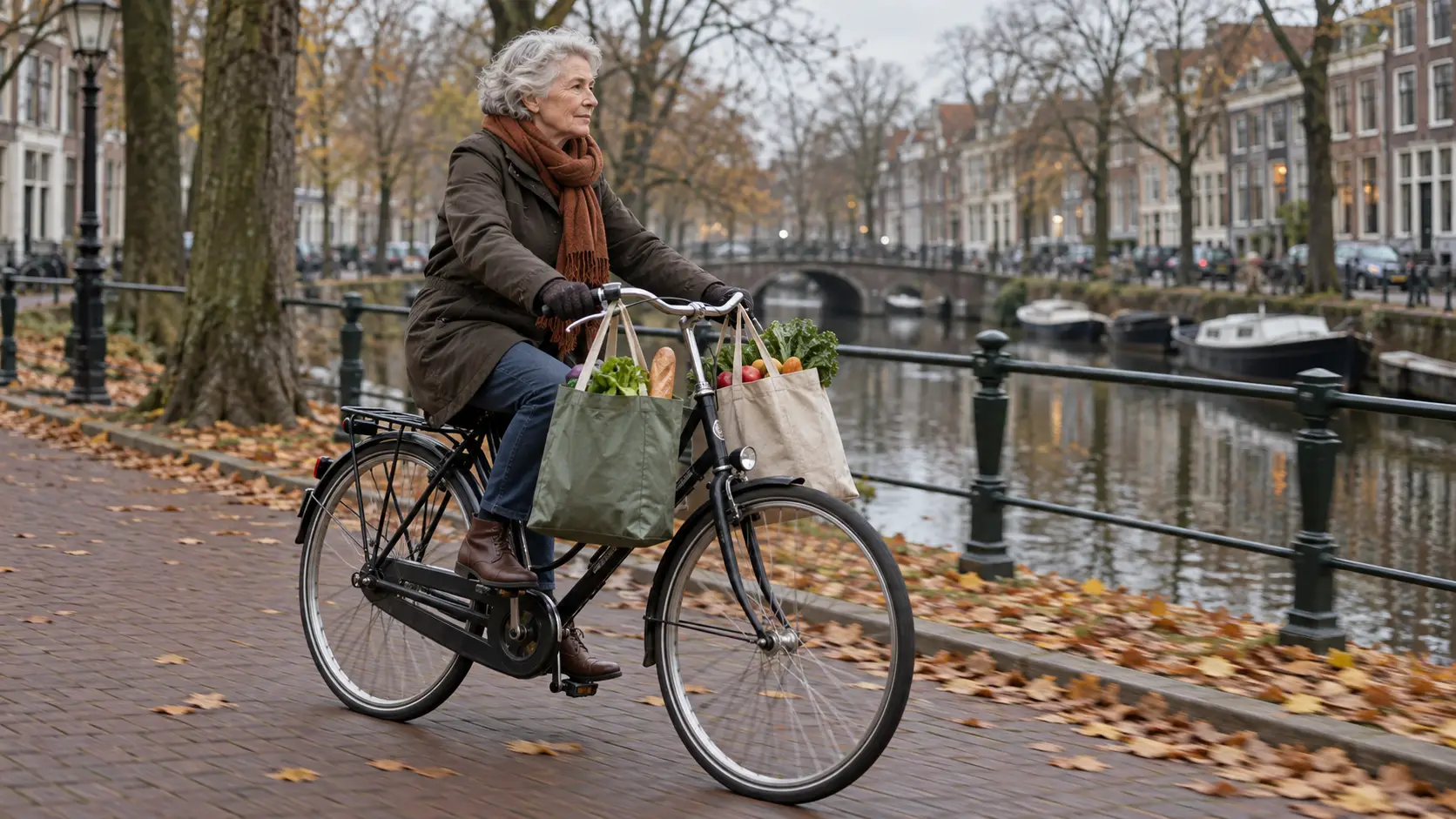 Oudere vrouw met een sjaal fietst met twee volle boodschappentassen langs een Nederlandse gracht in het najaar.