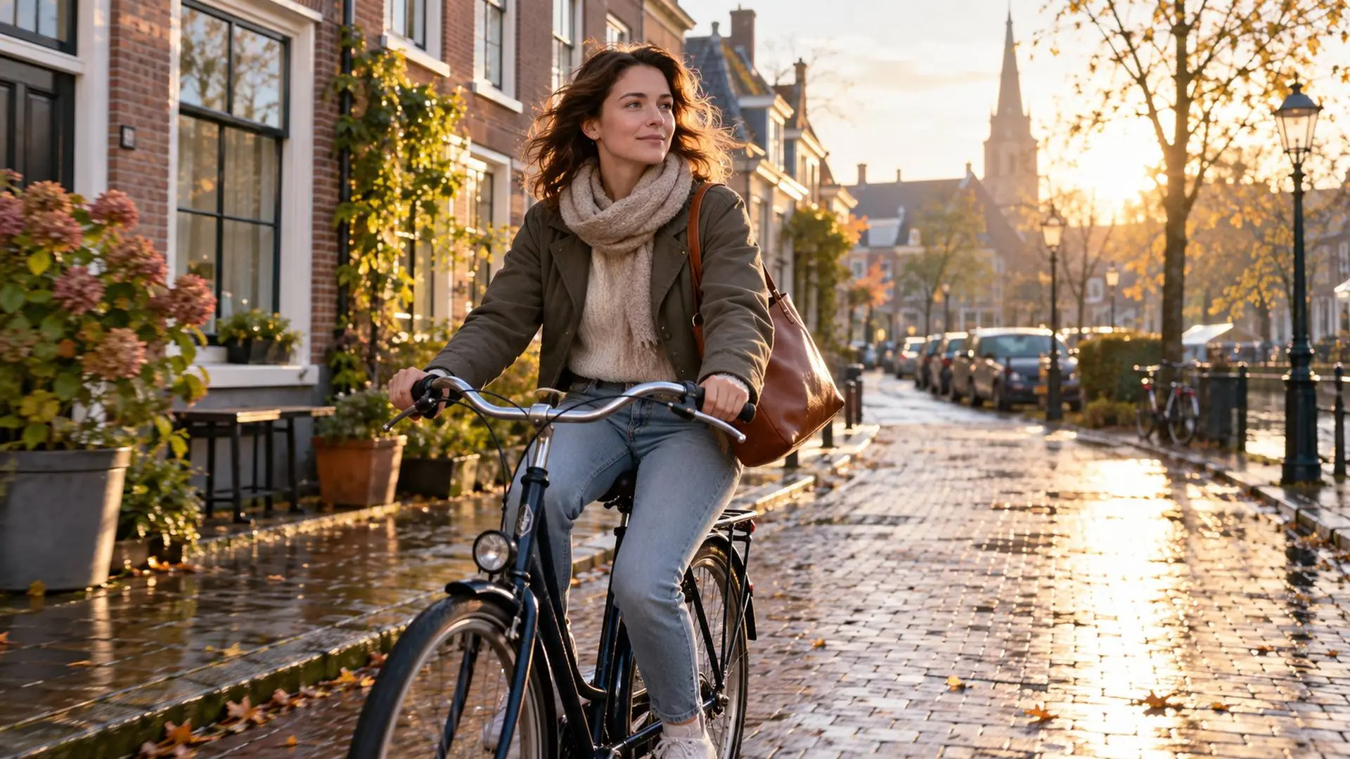 Vrouw van rond de dertig fietst in vroeg ochtendlicht door een woonwijk, met een tas over haar schouder