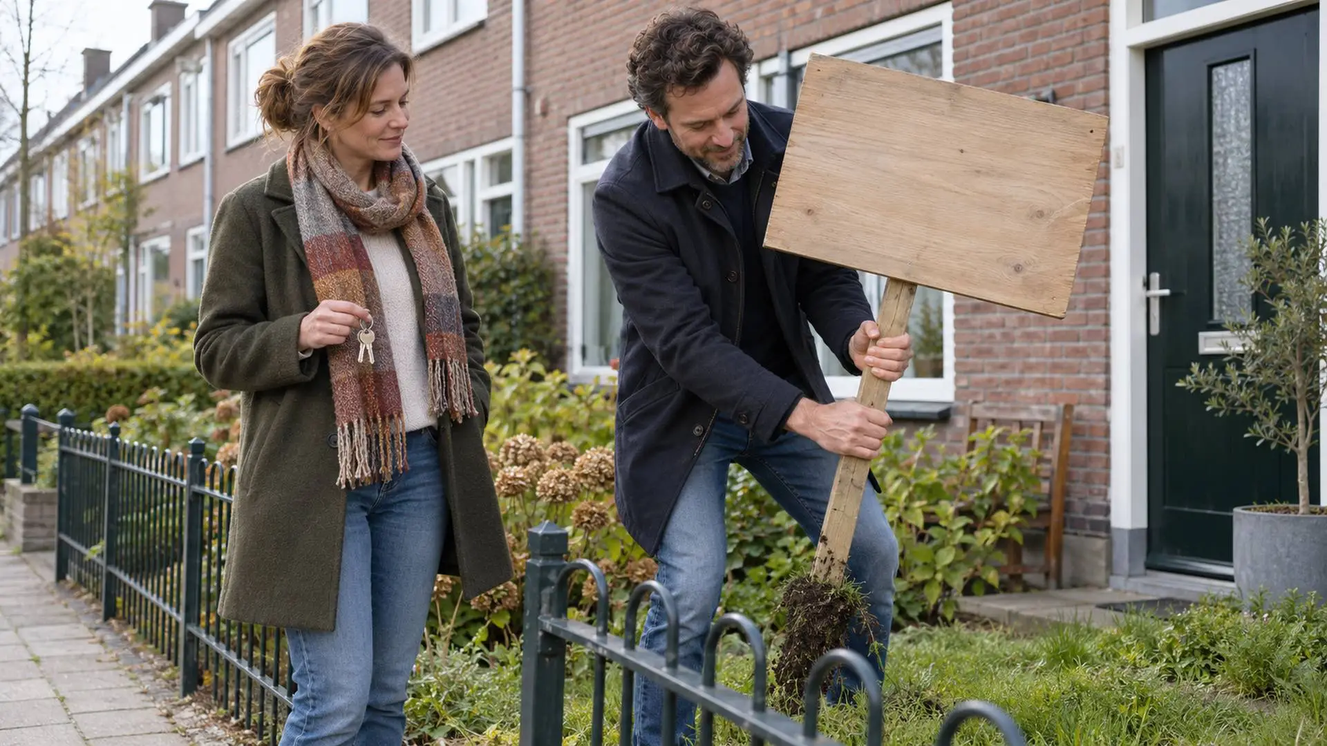 Vrouw met sleutelbos in de voortuin van een rijtjeshuis terwijl een man het houten verkoopbord weghaalt.