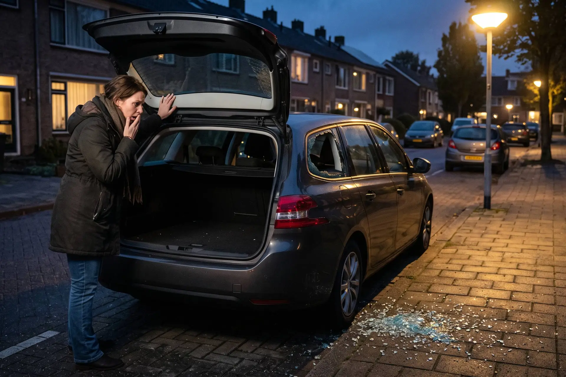 Vrouw kijkt 's avonds in de lege kofferbak van haar auto in een woonstraat, met glasscherven op de stoep