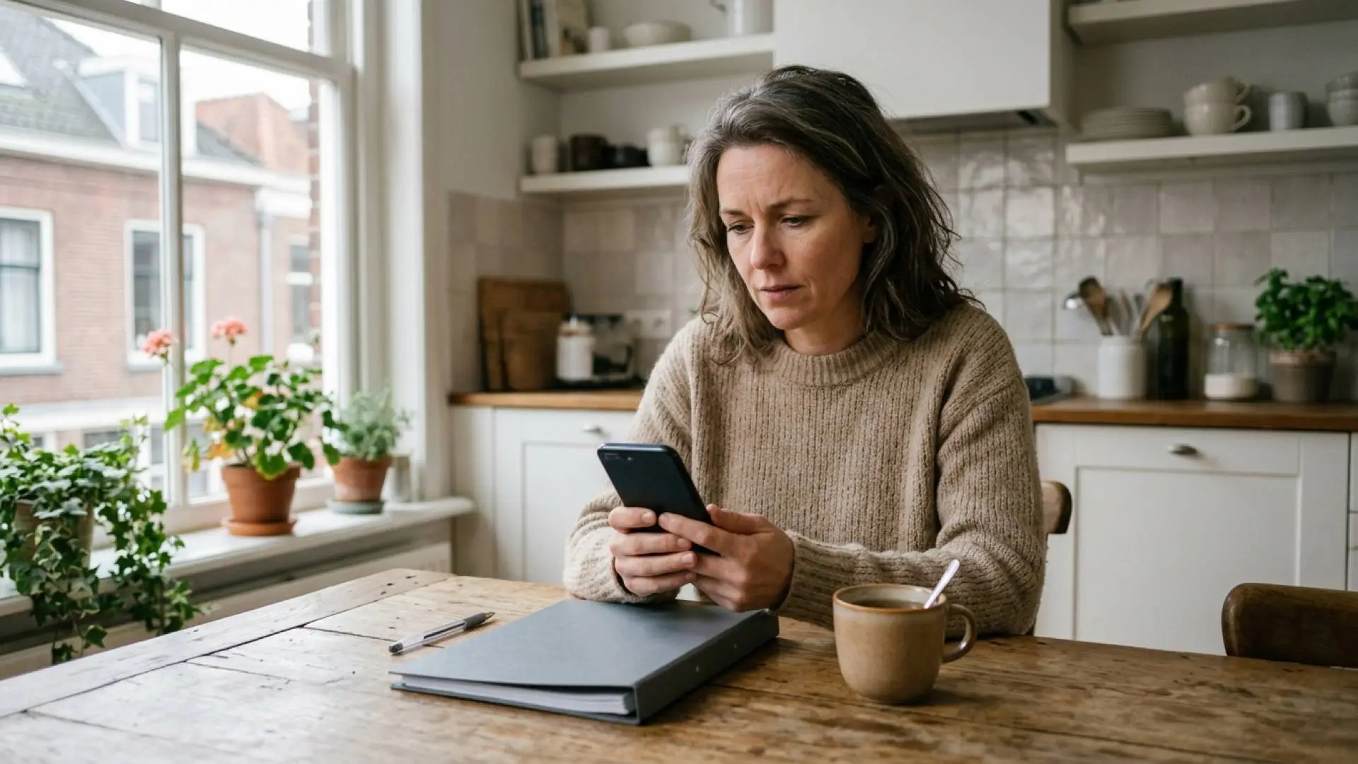 Vrouw in een beige gebreide trui kijkt aan een houten keukentafel naar haar telefoon naast een grijze ordner en een mok.