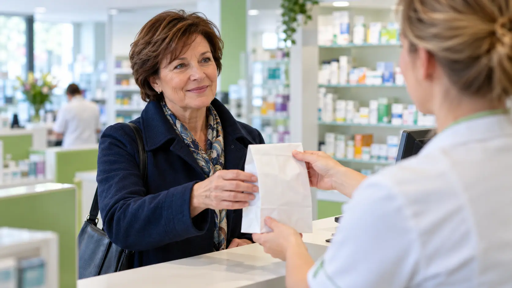 Vrouw neemt aan de apotheekbalie een papieren zakje met medicijnen aan van een apothekersassistent.