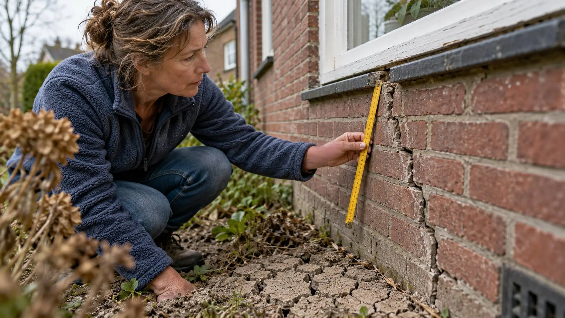 Vrouw houdt een duimstok tegen een schuine scheur in de bakstenen gevel van haar jarendertigwoning