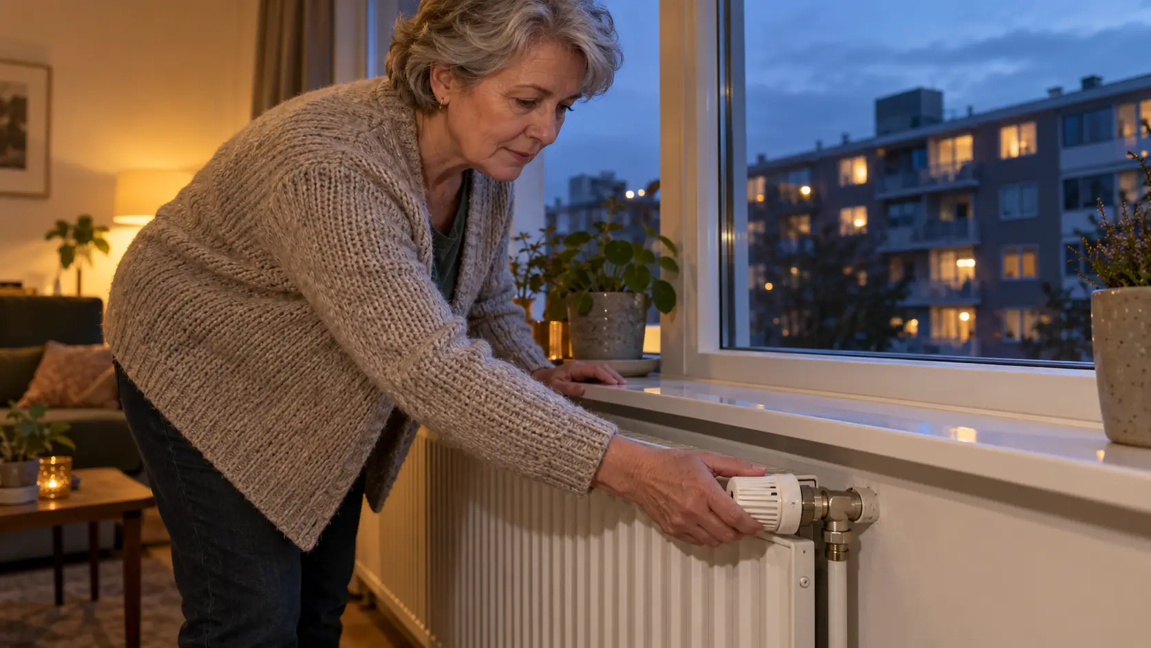 Vrouw draait de radiatorknop lager in haar appartement, met verlichte flats buiten het raam.