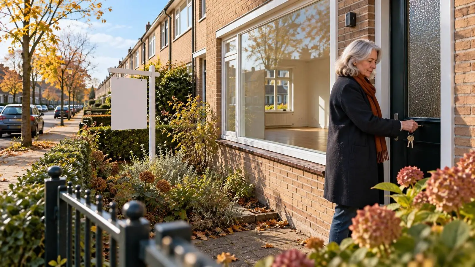 Vrouw van rond de 65 sluit de voordeur af van een rijtjeswoning met een verkoopbord in de voortuin.