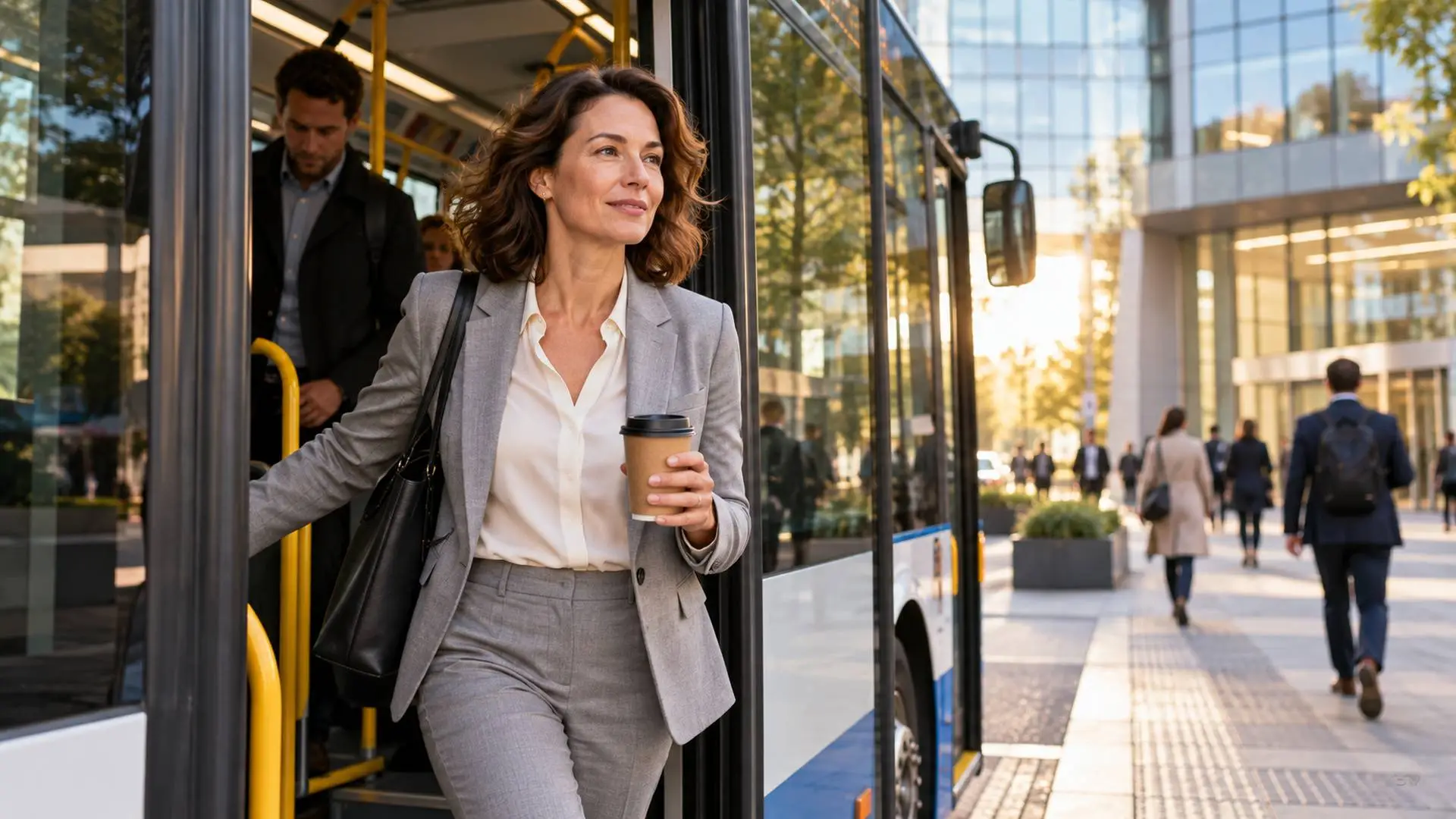 Vrouw in grijs pak stapt met een koffiebeker in de hand uit een stadsbus voor een glazen kantoorgebouw in de ochtend