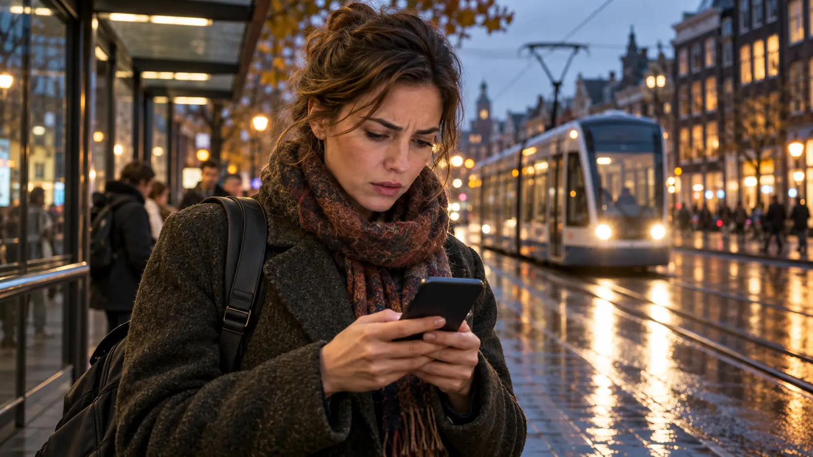 Vrouw kijkt bezorgd naar haar telefoon bij een tramhalte op een natte herfstavond, terwijl een tram nadert.
