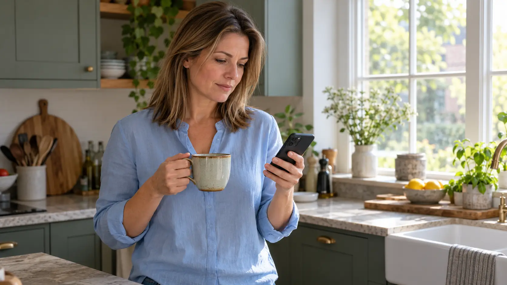 Vrouw bekijkt haar telefoon met een kop thee in de hand bij het keukenraam.