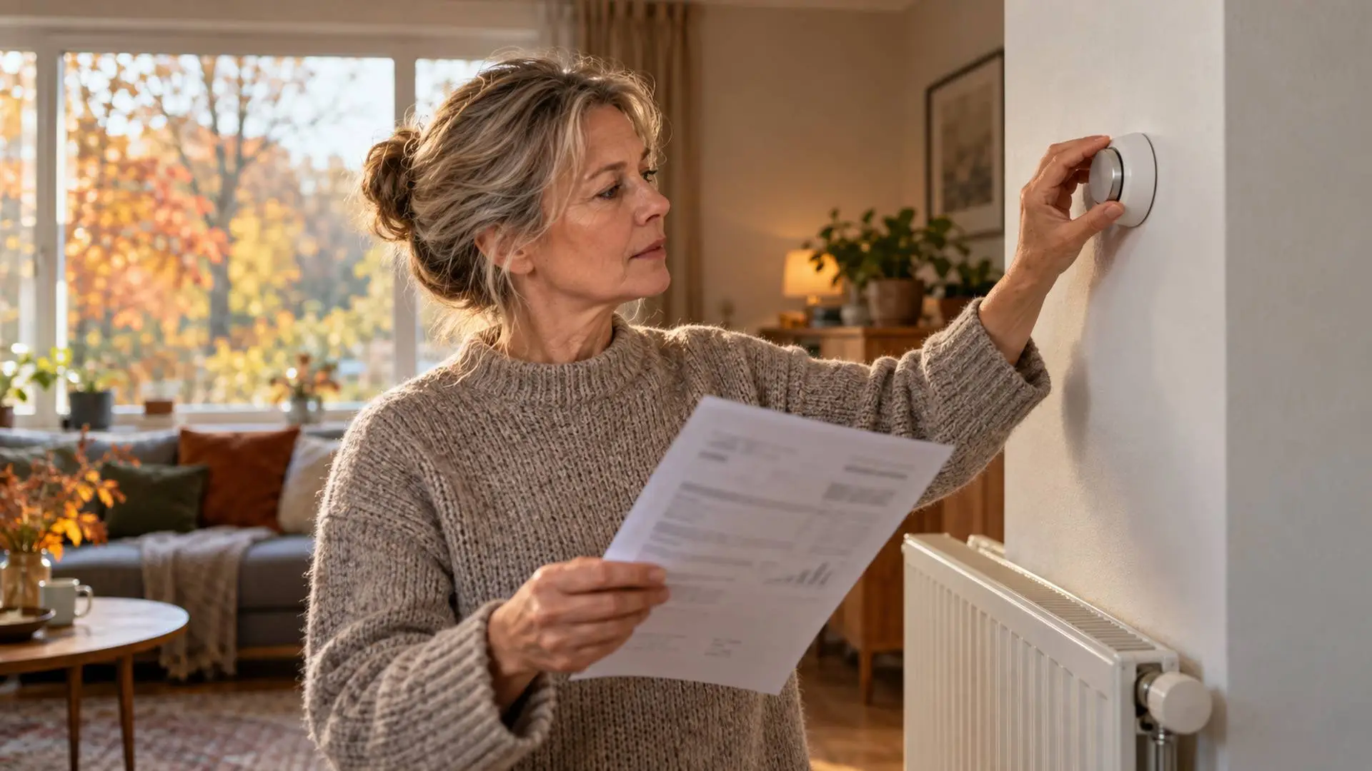 Vrouw zet de thermostaat hoger en houdt haar energierekening in de hand.