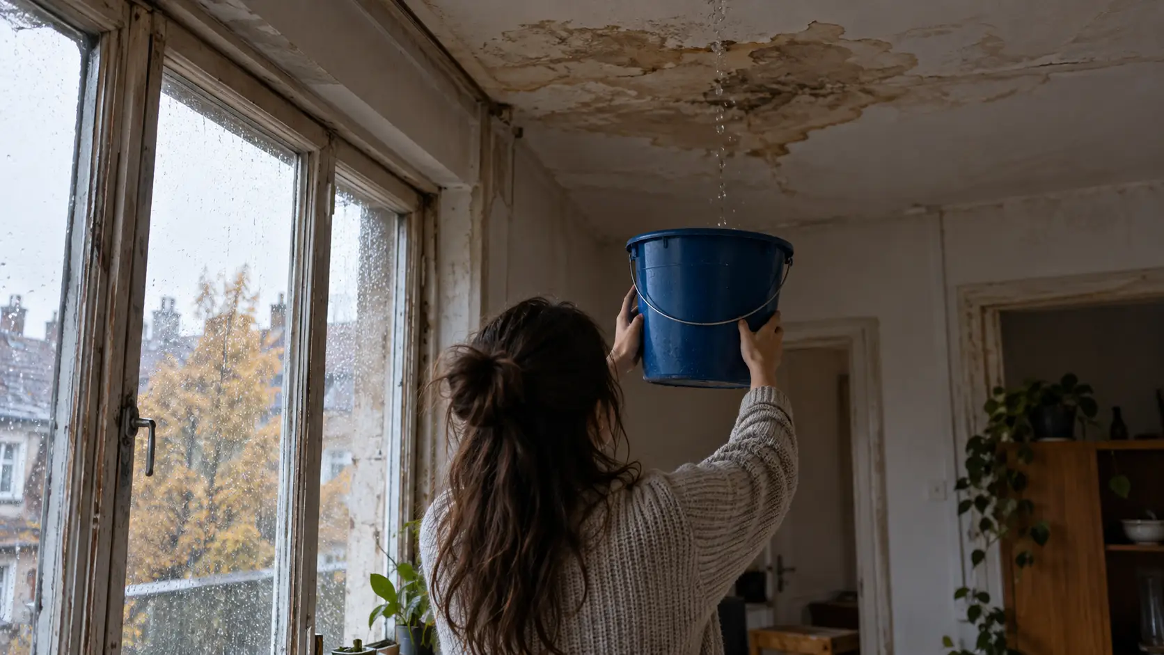 Vrouw houdt een blauwe emmer onder een lekkend plafond met een vochtvlek in een oude huurwoning.