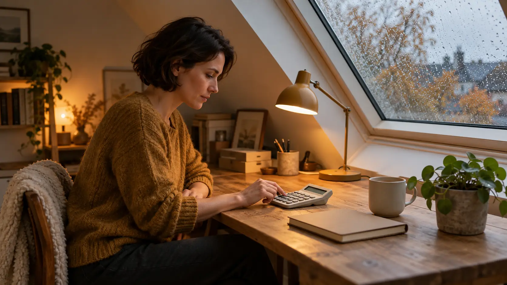 Vrouw van in de dertig met kort donker haar tikt op een rekenmachine aan een houten bureau op zolder, regen op het dakraam
