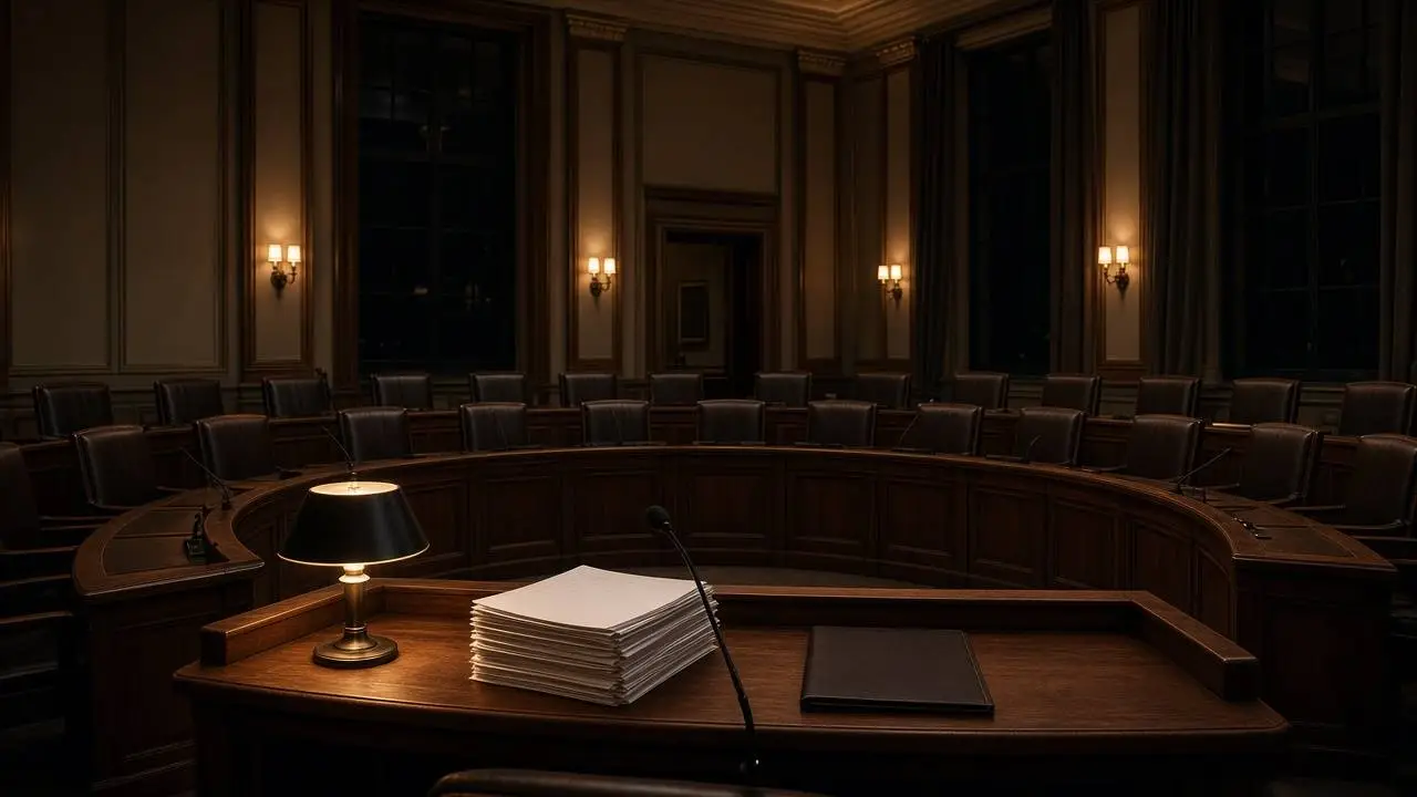 Een lege, statige raadzaal van een Nederlands gemeentehuis in de avond, met houten raadsbanken in hoefijzervorm, microfoons en een stapel dossiers onder een brandende lamp, zonder mensen (AI-beeld)