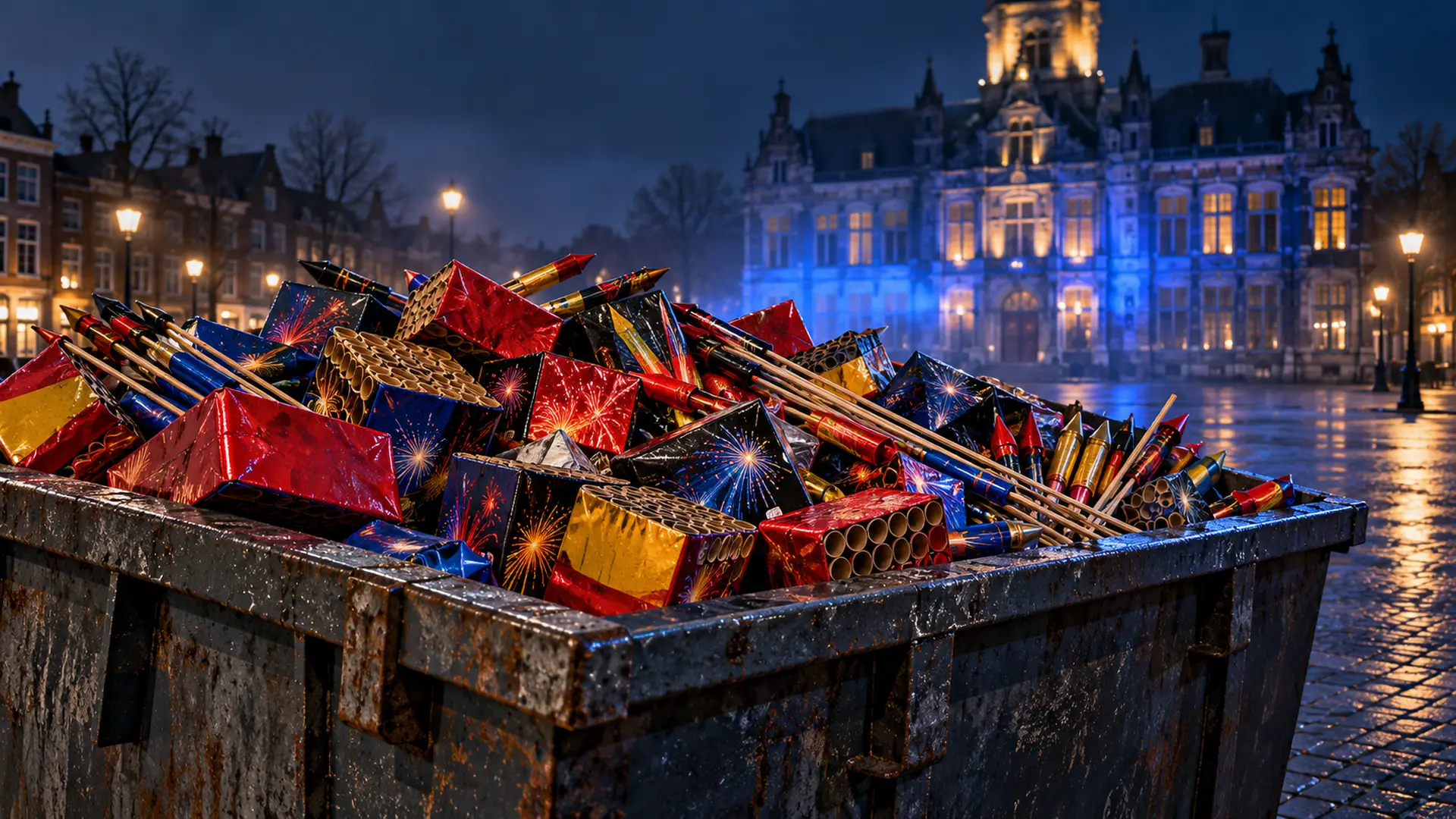 Container vol vuurwerk op een nat plein voor een verlicht stadhuis in de avond