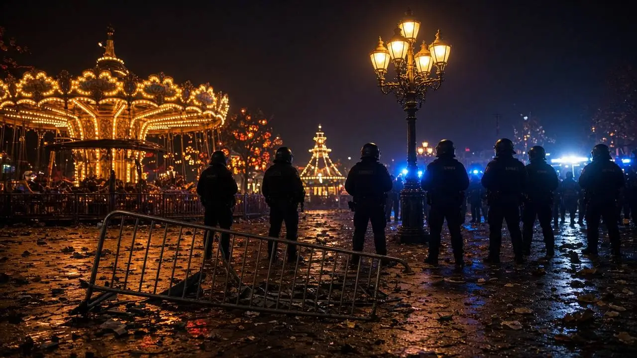 ME'ers van achteren gezien bij een omvergegooid hek in een verlicht attractiepark tijdens een Halloweenavond (AI-beeld)