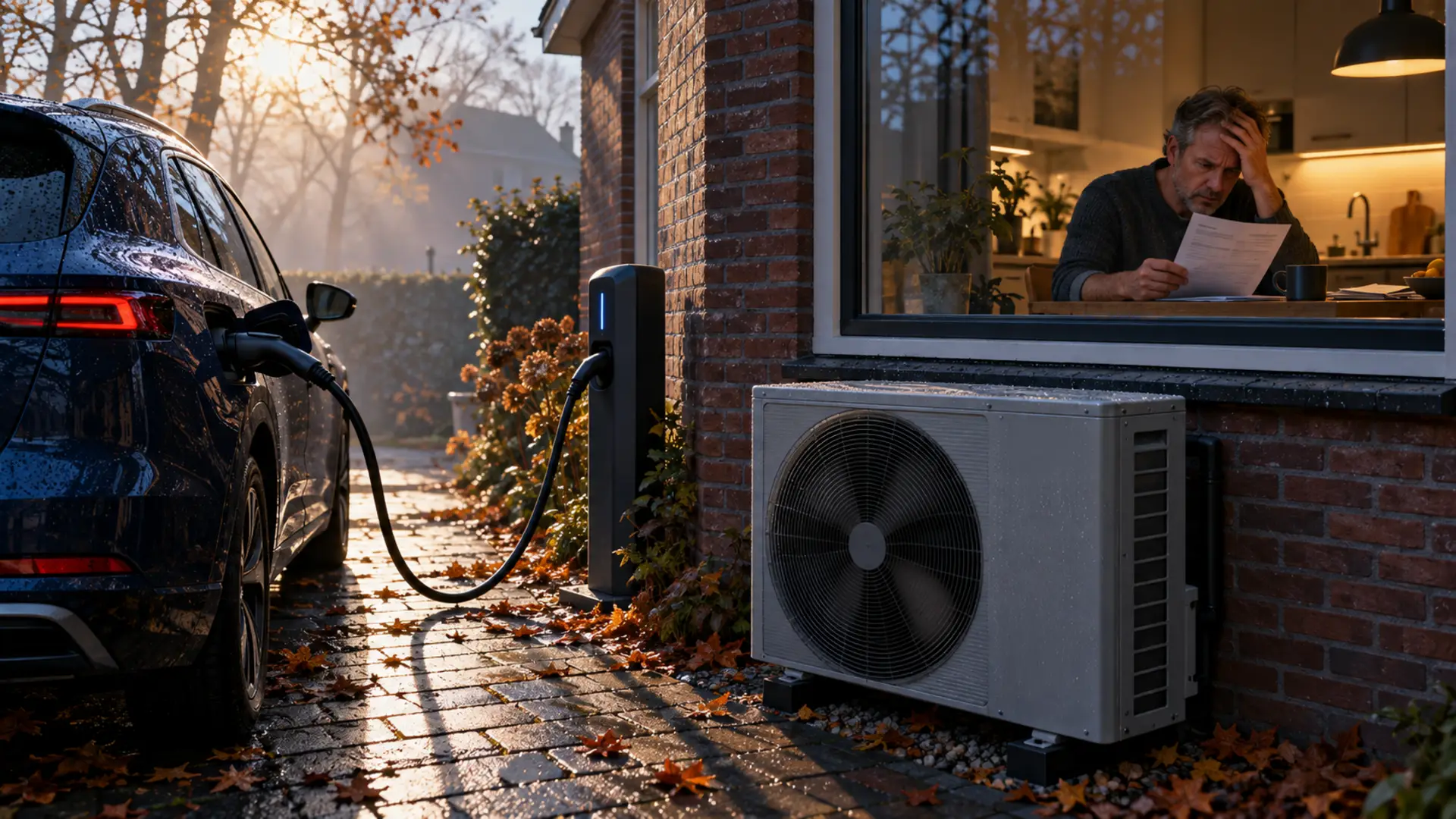 Elektrische auto aan een laadpaal naast een warmtepomp, met een bezorgde bewoner die achter het keukenraam zijn energierekening bekijkt.
