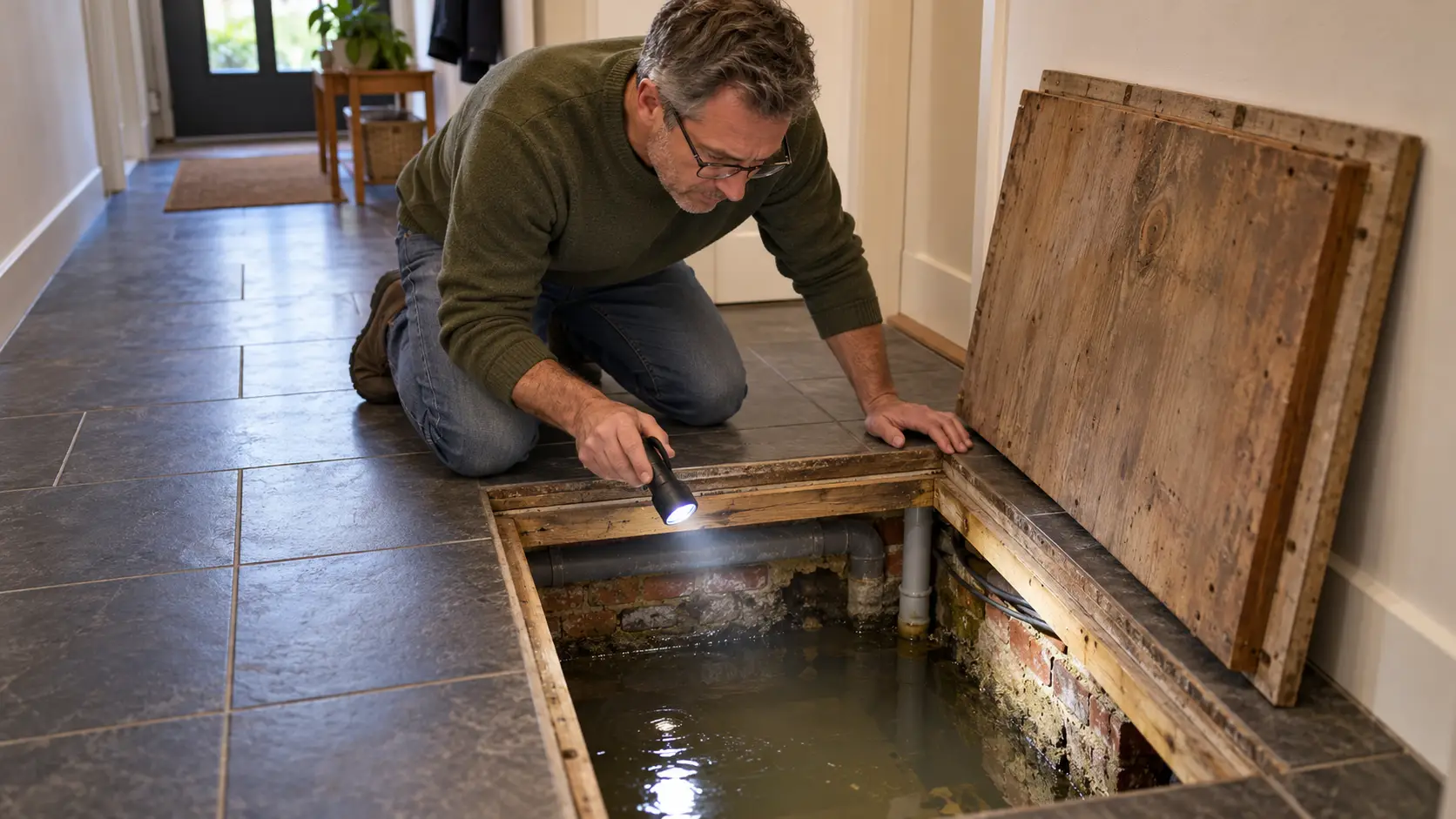 Man schijnt met een zaklamp op water in de kruipruimte onder een geopend luik in zijn gang.