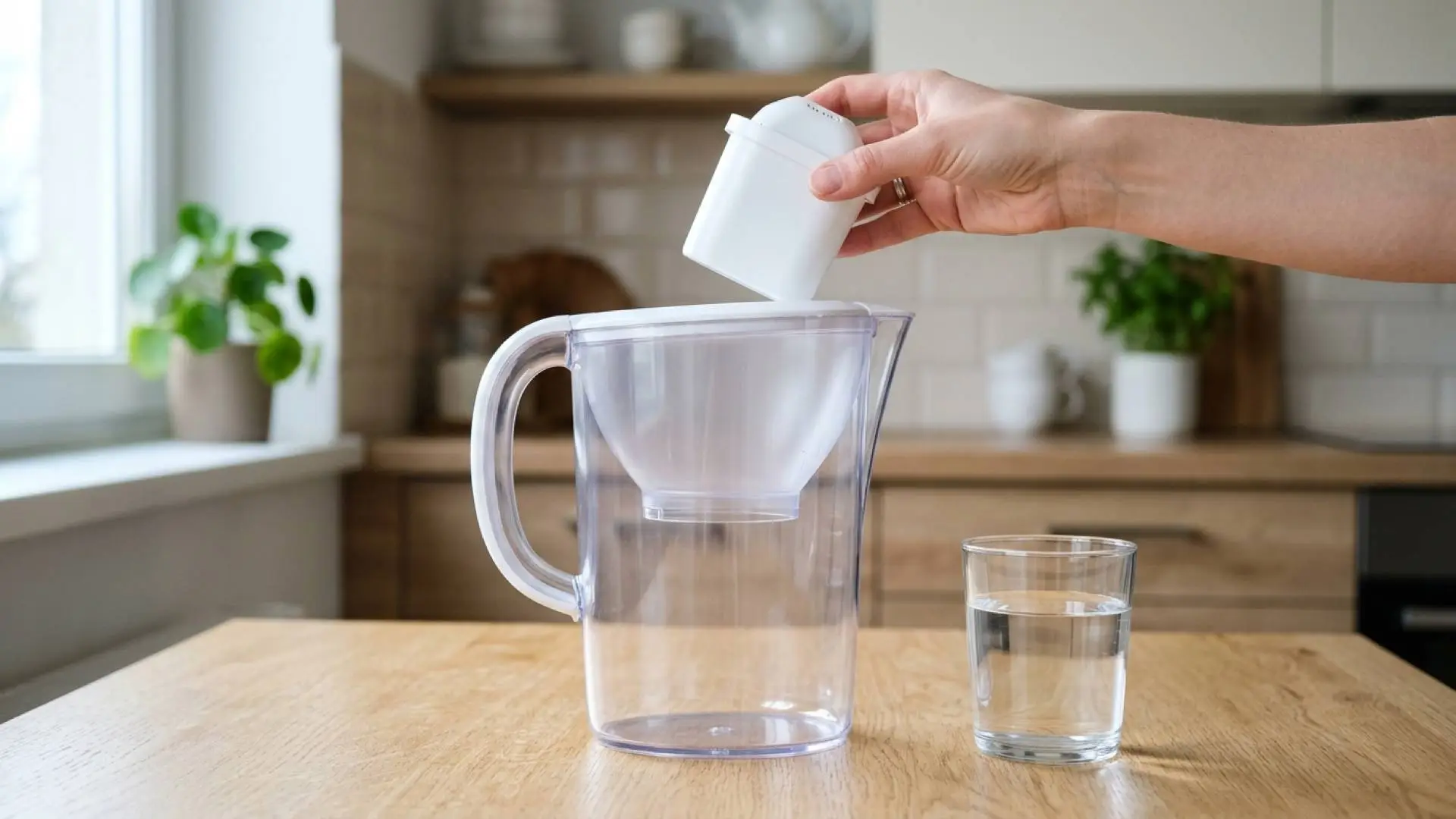 Illustratie van een waterfilterkan met een vervangende filterpatroon naast een glas kraanwater.