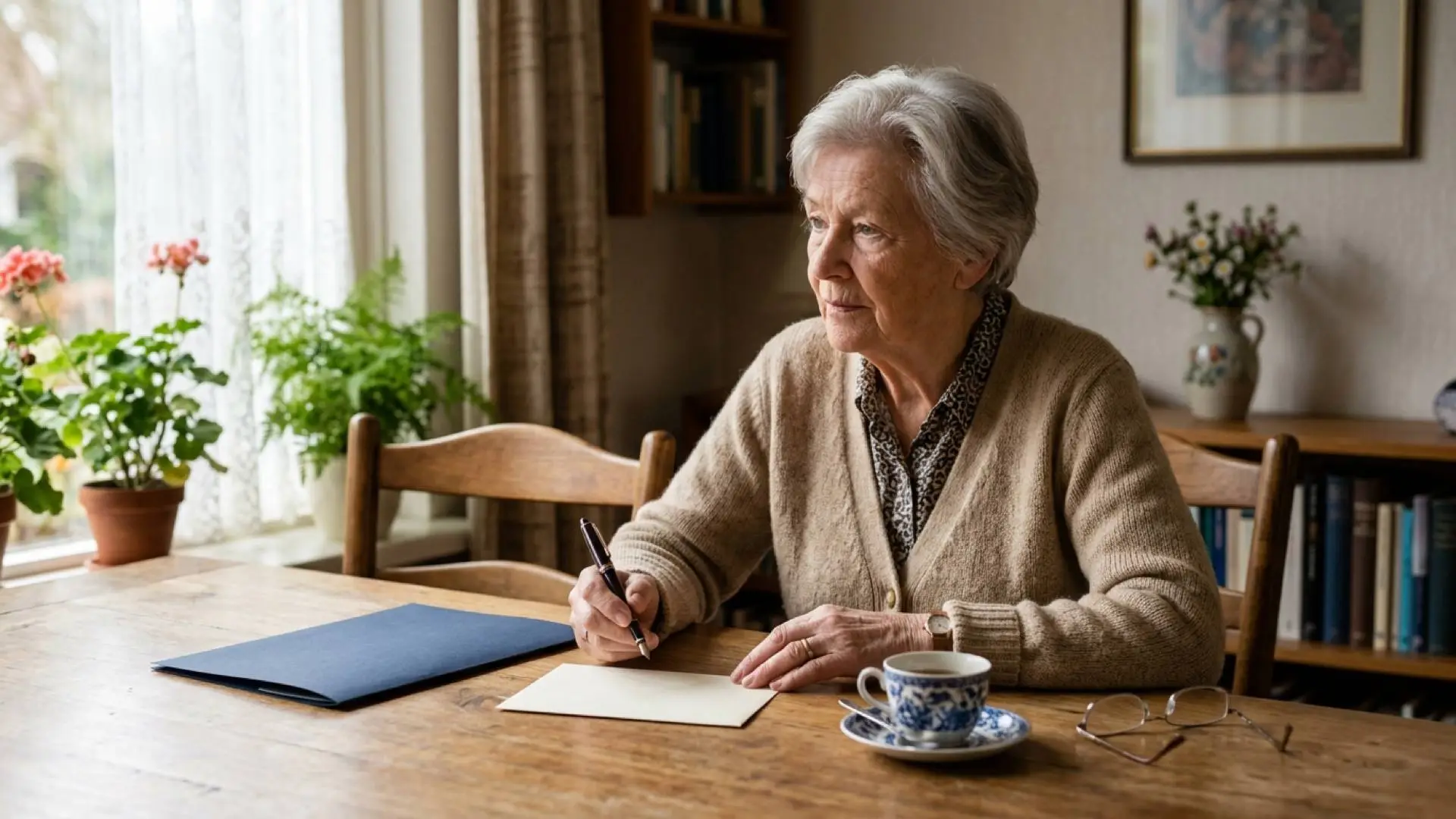 Oudere vrouw aan een houten eettafel met een vulpen, een gesloten donkerblauwe map, een envelop en een kopje thee.
