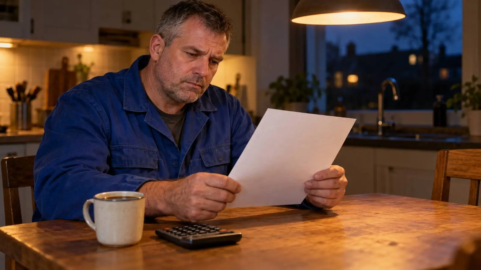Werkende man in een blauwe werkjas bekijkt zijn loonstrook aan de keukentafel, met een kop koffie en een rekenmachine.