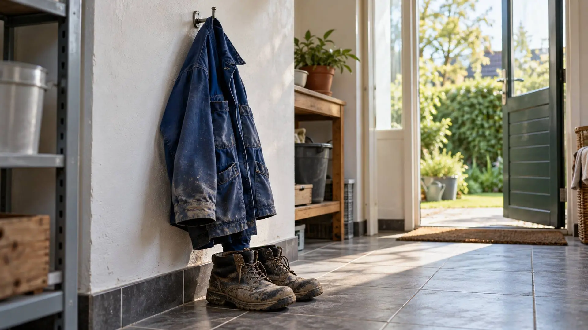 Blauwe werkjas en werkschoenen in een bijkeuken met de tuin op de achtergrond.