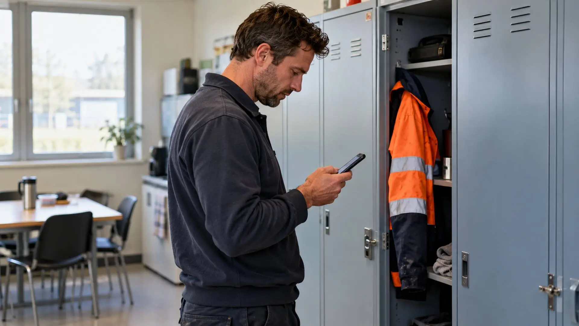 Een werknemer die bij zijn kledingkastje een bericht op zijn telefoon bekijkt.