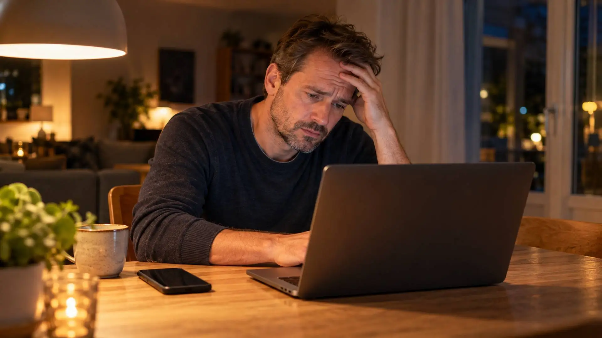 en man die spijtig achter zijn laptop zit, met zijn hand tegen zijn voorhoofd.