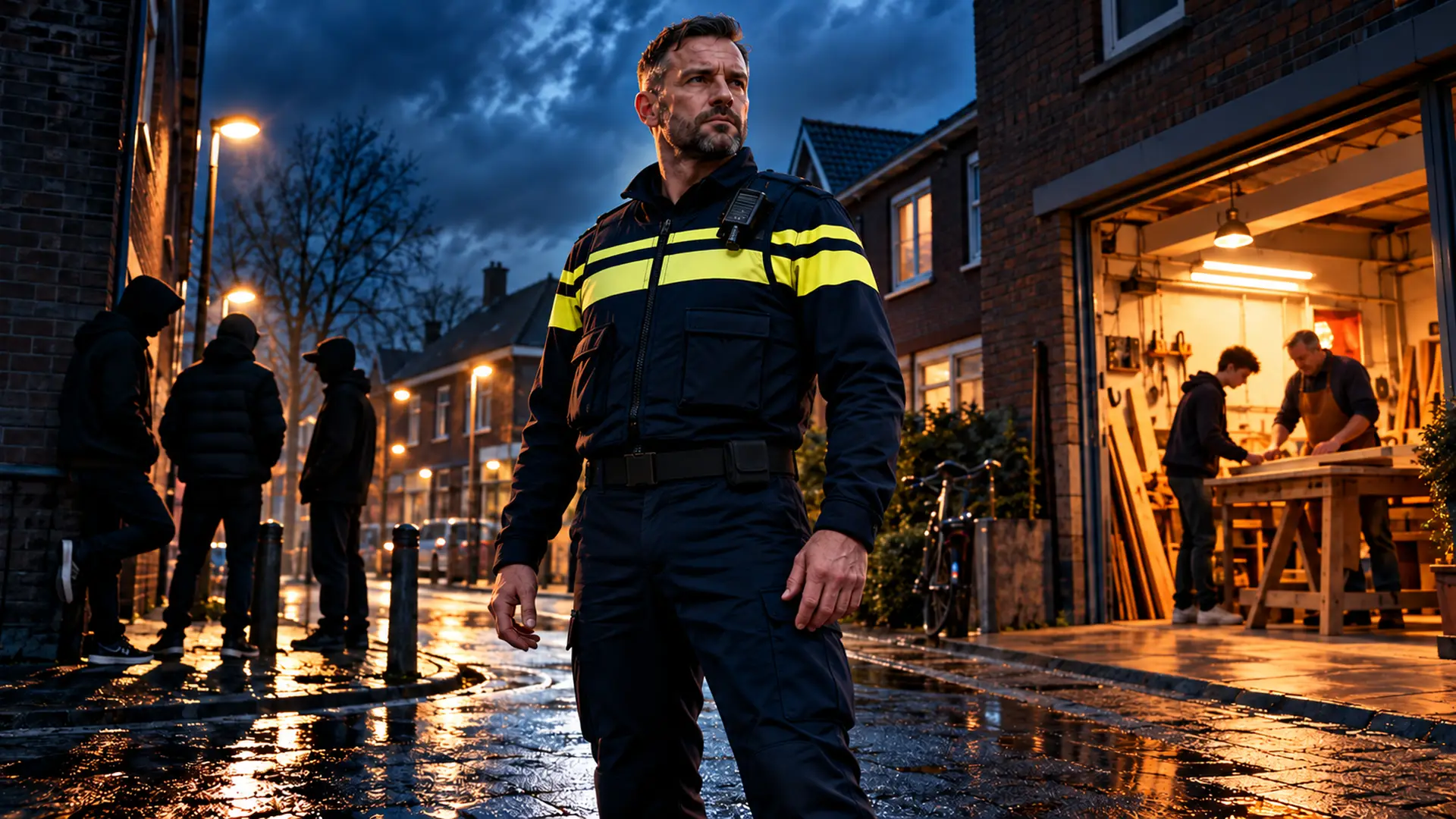 Wijkagent tussen een donkere straathoek met jonge silhouetten en een verlichte werkplaats waar een jongere begeleiding krijgt.