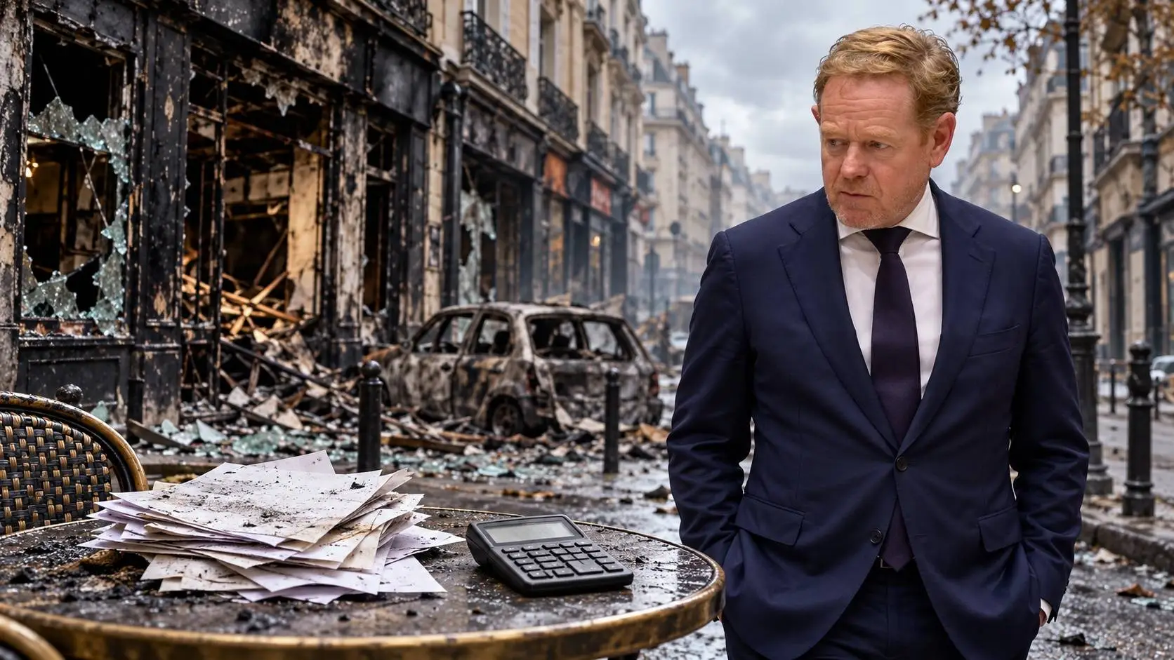 Illustratie van David van Weel in een uitgebrande Franse winkelstraat, met een verbrande auto en op een cafétafeltje rekeningen en een rekenmachine.