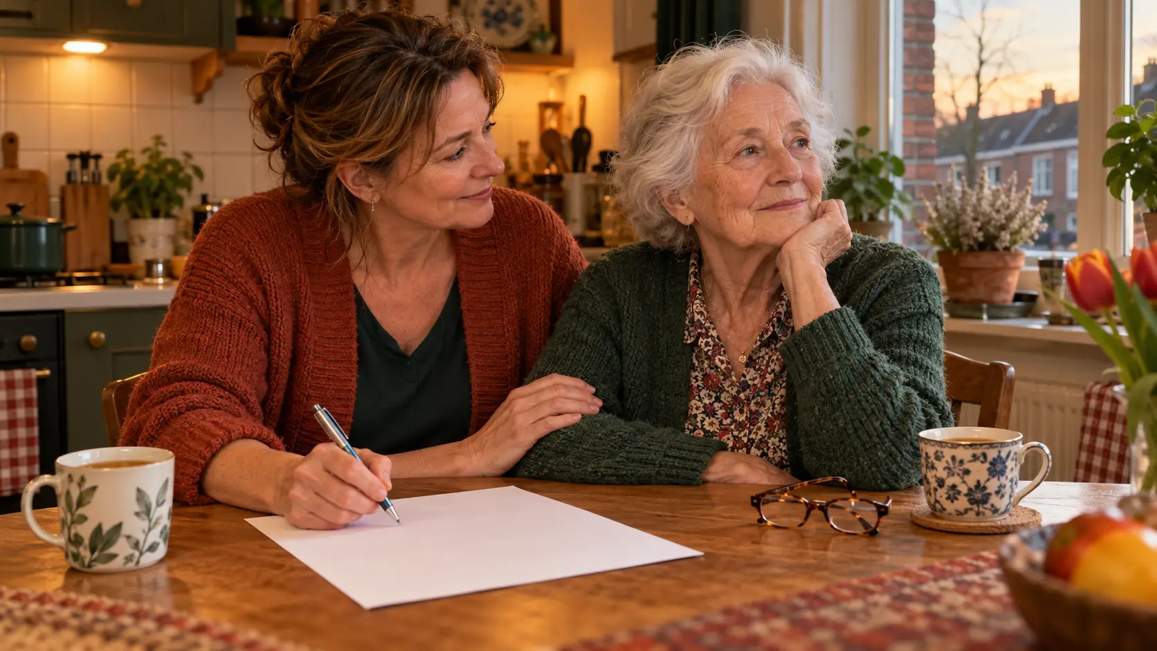 Dochter met een pen en een formulier aan de keukentafel naast haar moeder met dementie.