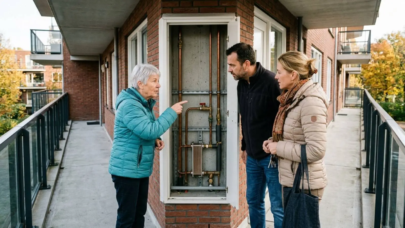 Drie Nederlandse buren bekijken op de galerij van hun appartementencomplex de technische kast van het warmtenet.