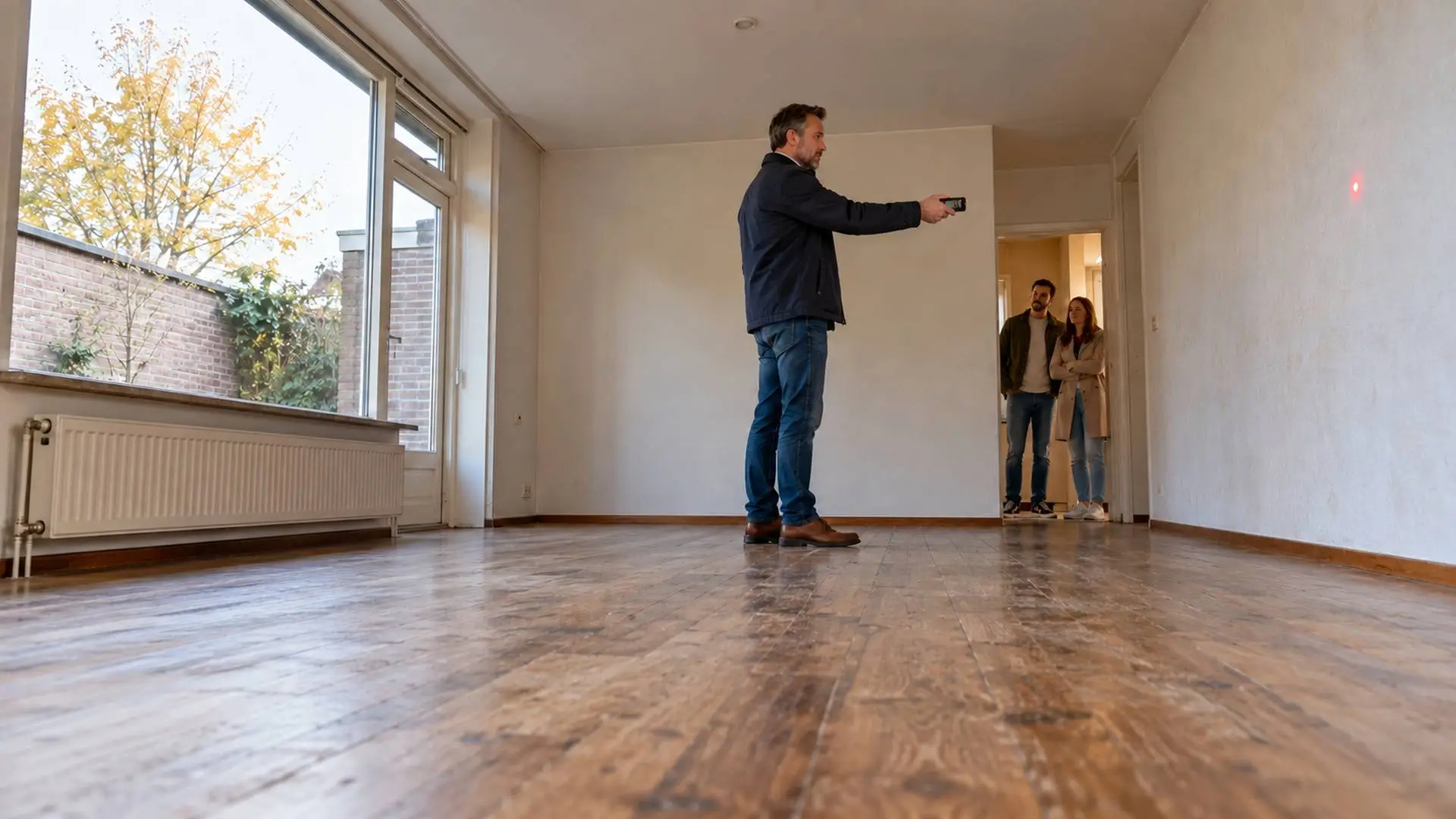 Taxateur meet een lege woonkamer terwijl twee kopers vanuit de deuropening meekijken.