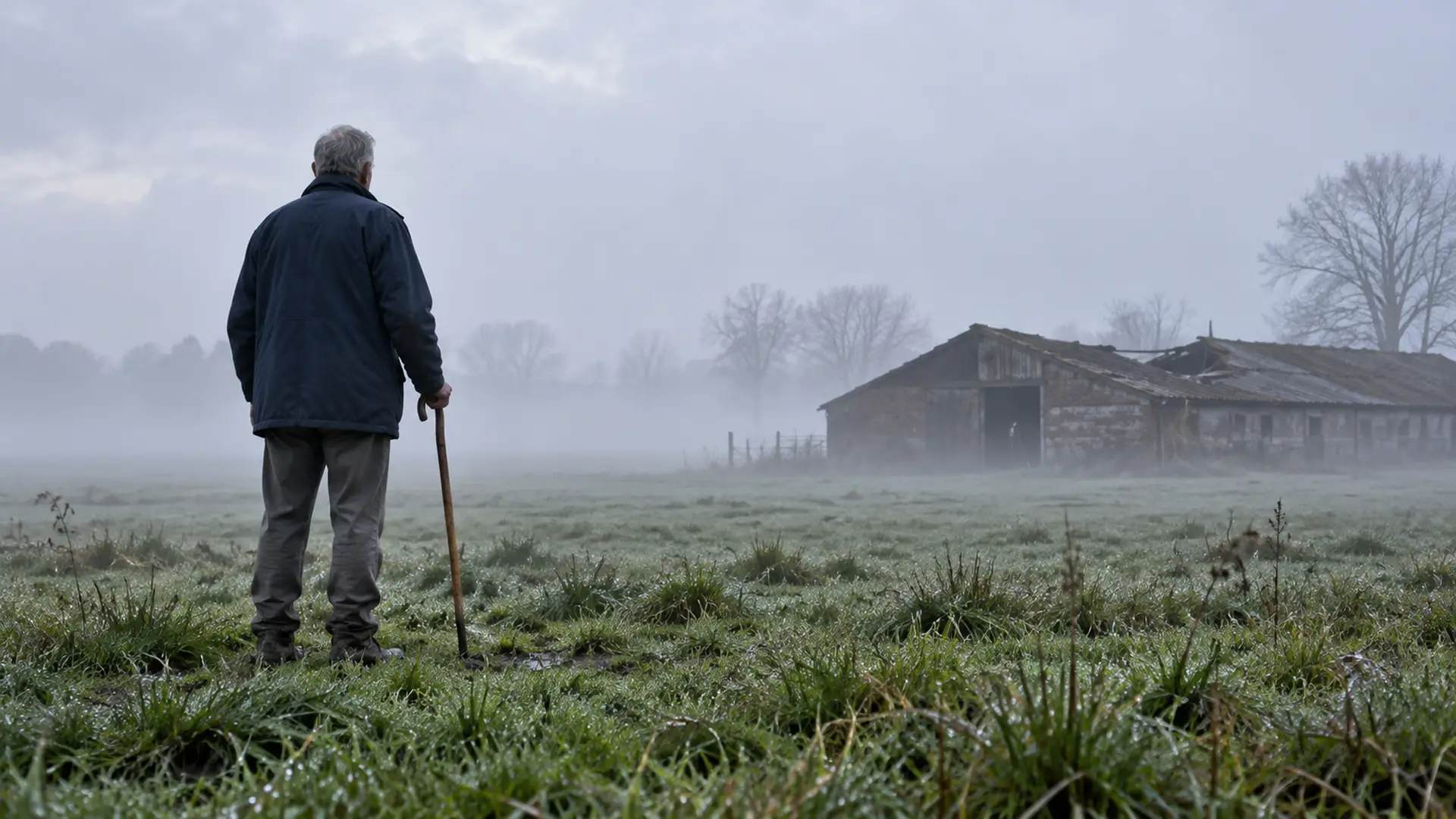 Man met wandelstok staat in een mistige Brabantse weide en kijkt naar een verlaten geitenstal met een ingezakt dak