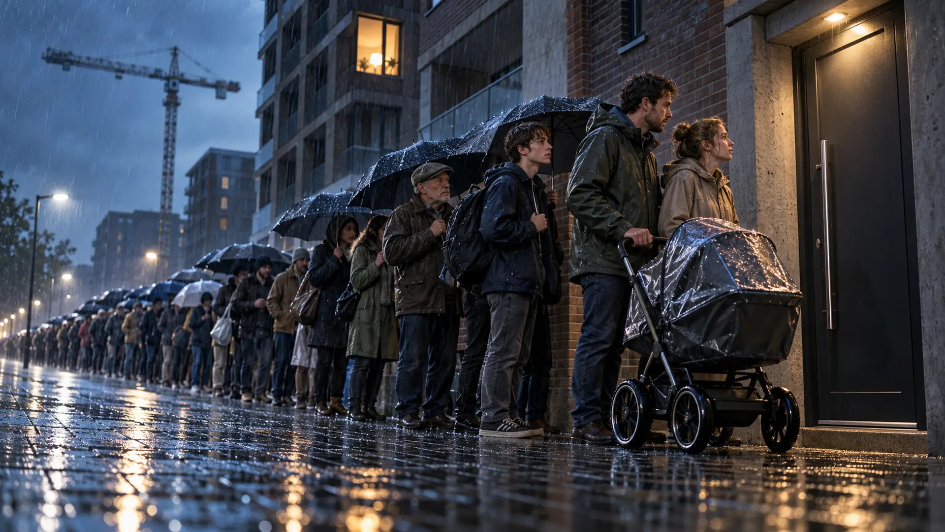 Lange rij mensen met paraplu's in de regen voor één voordeur van een nieuwe flat, stilstaande bouwkraan erachter