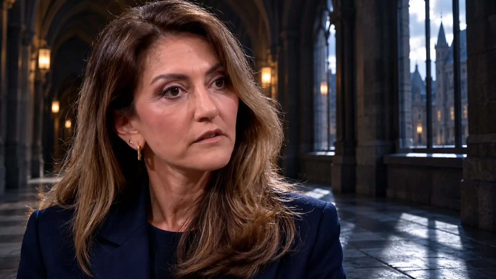 Dilan Yeşilgöz kijkt somber in een schemerige gang van het Binnenhof, na een slechte peiling voor VVD en D66