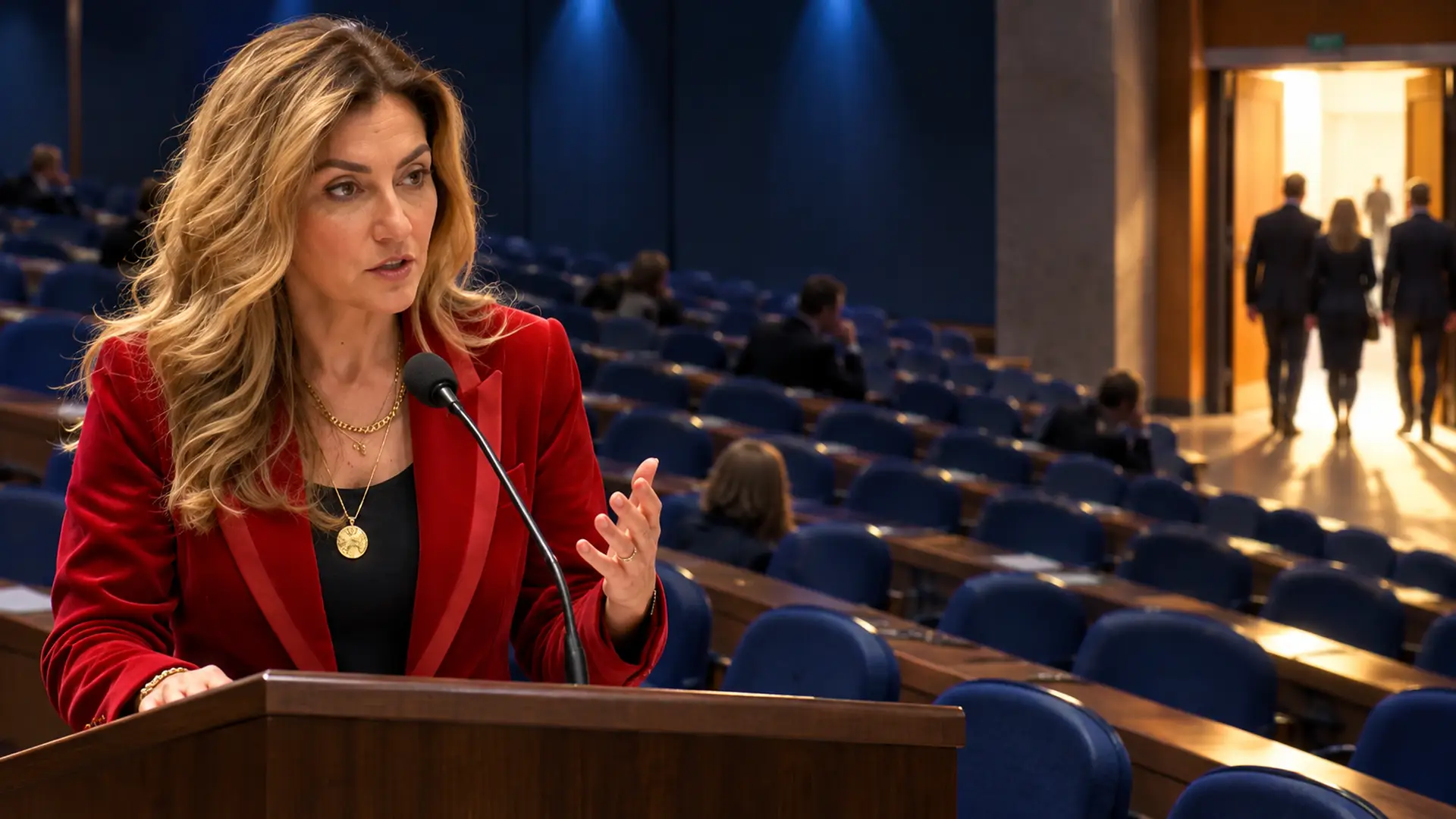 Illustratie van Dilan Yeşilgöz aan een spreekgestoelte in een leeglopende congreszaal: onrust in de VVD en chaos bij NSC.