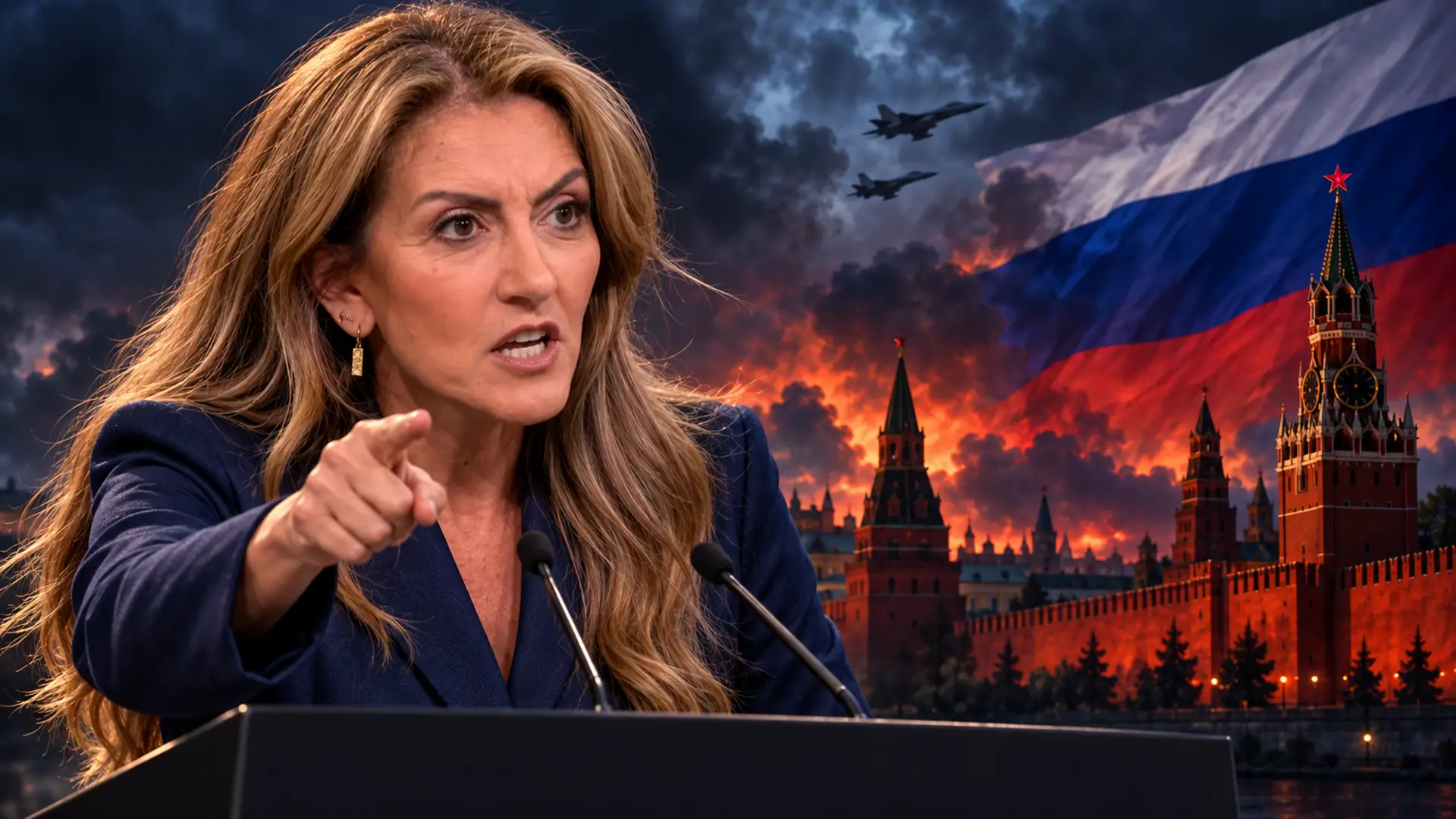 Satirische illustratie van een boze Dilan Yeşilgöz achter een spreekgestoelte, met de Russische vlag, het Kremlin en gevechtsvliegtuigen op de achtergrond.