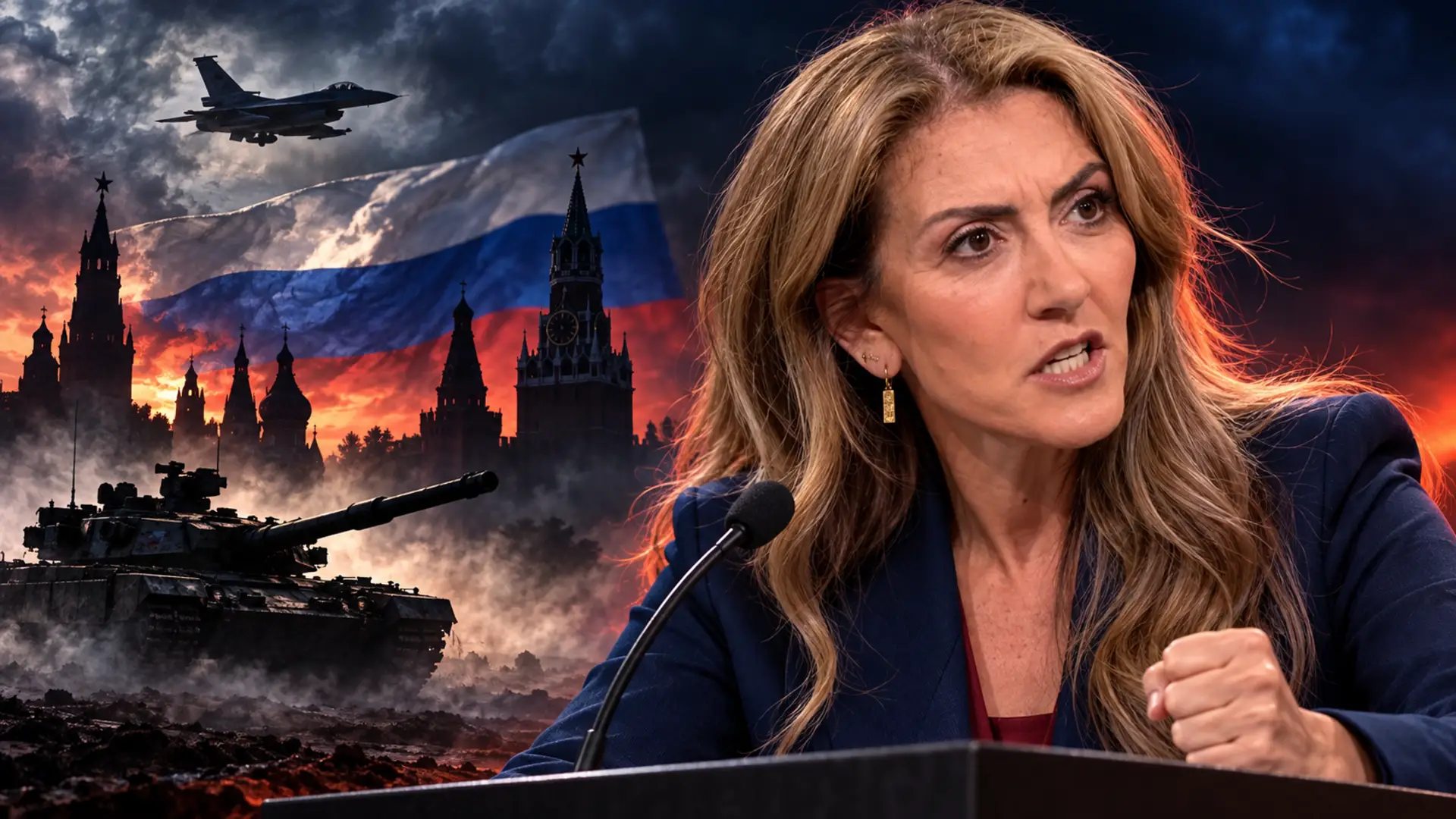 Satirische illustratie van een boze Dilan Yeşilgöz met gebalde vuist, met een tank, gevechtsvliegtuig en Russische vlag op de achtergrond.