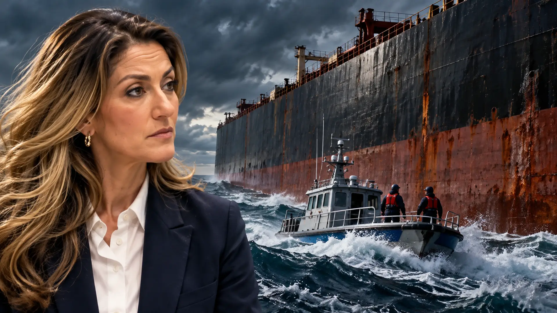 Illustratie van Dilan Yeşilgöz naast een kleine patrouilleboot met twee bemanningsleden bij een enorme olietanker op een stormachtige Noordzee.
