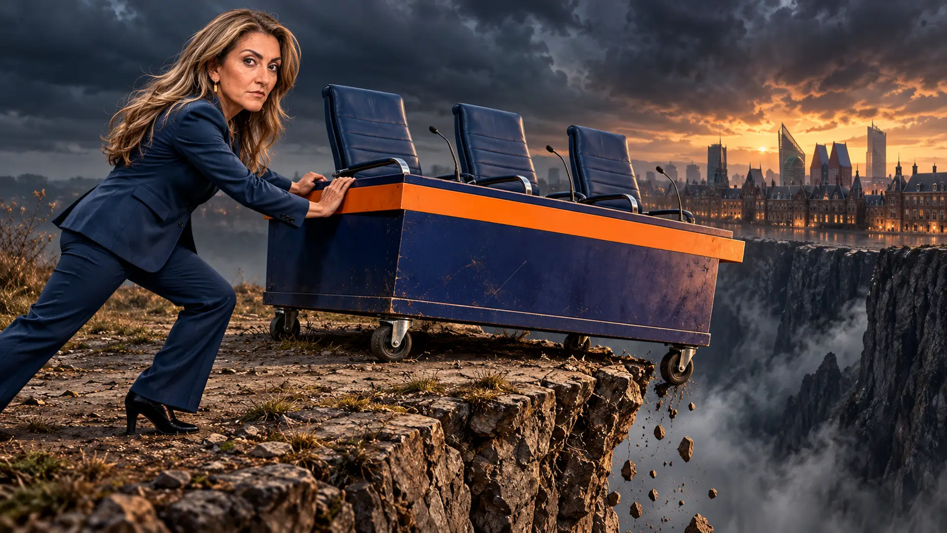 Satirische illustratie van Dilan Yeşilgöz die een blauw-oranje platform met lege stoelen richting een afgrond duwt.