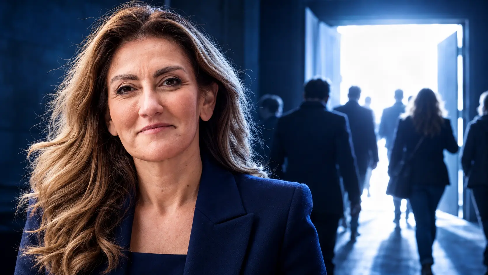 Dilan Yeşilgöz met een gespannen glimlach, terwijl achter haar silhouetten door een open deur vertrekken.