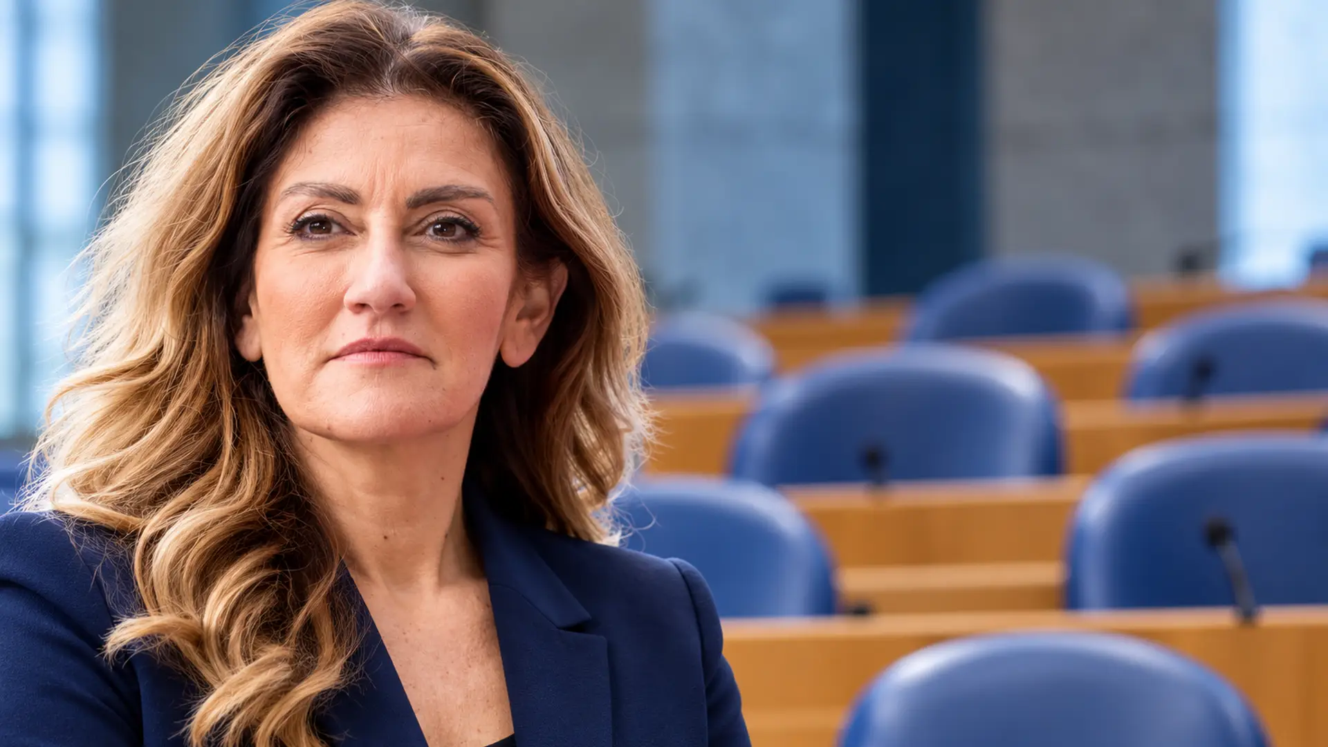 Illustratie van Dilan Yeşilgöz met lege blauwe parlementaire stoelen op de achtergrond.