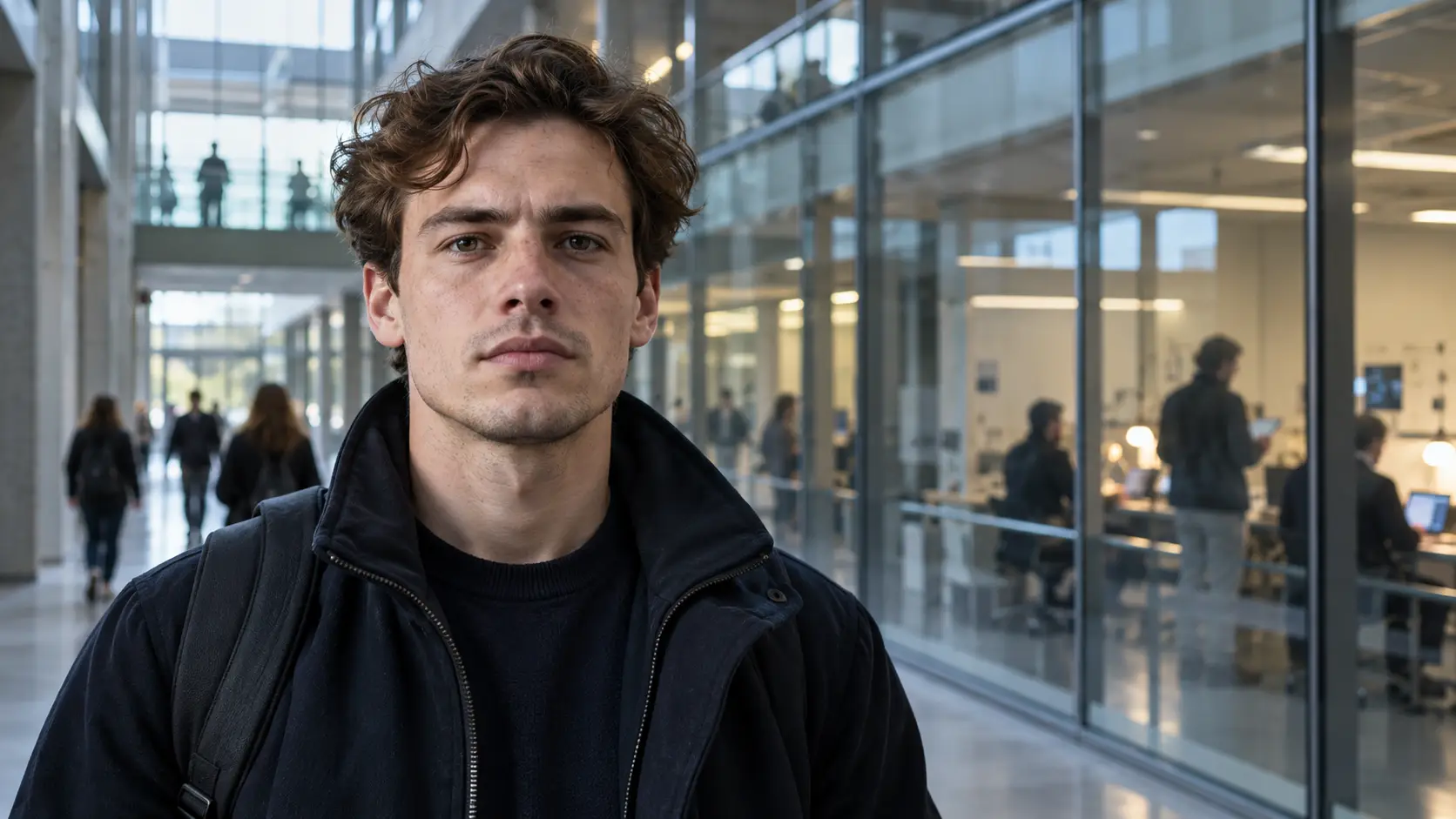 Illustratie van een jonge man in een universiteitsgang, met glazen onderzoeksruimten op de achtergrond.