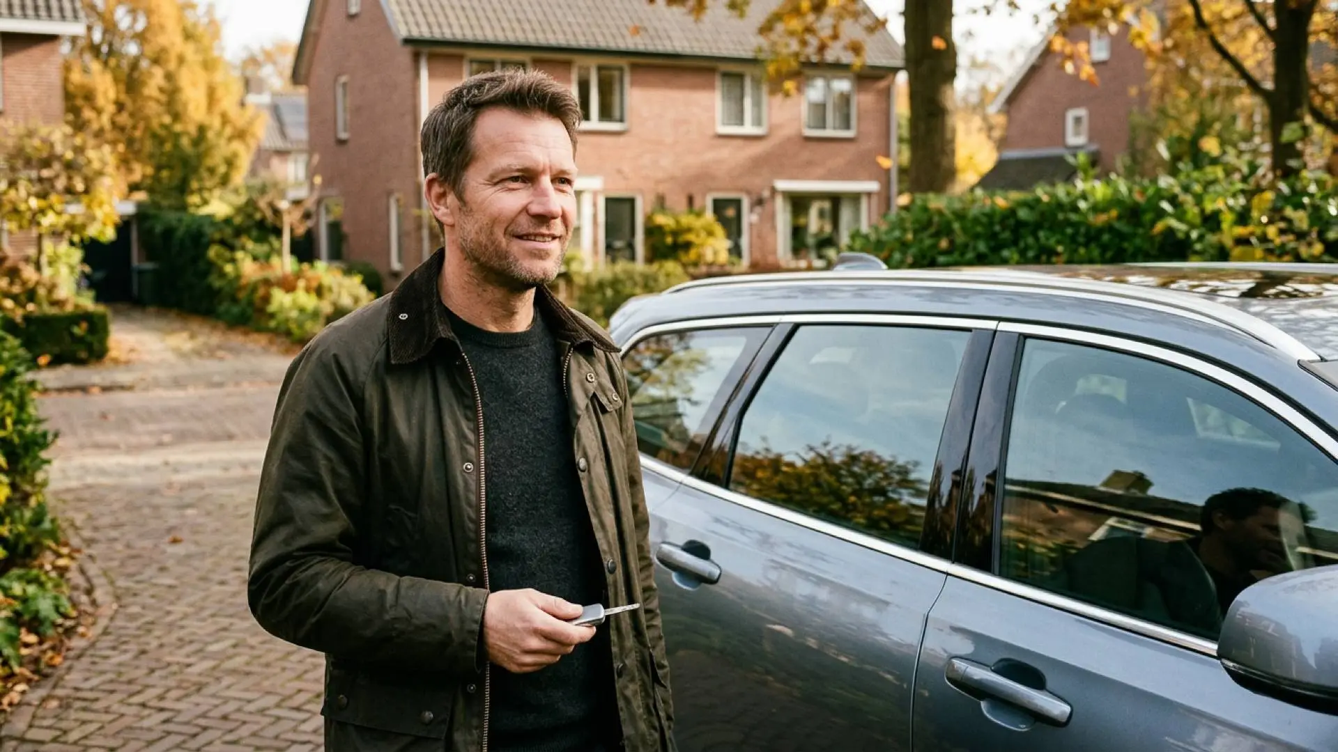 Nederlandse ondernemer in olijfgroene jas staat op een oprit met autosleutel naast zijn donkergrijze stationwagen.