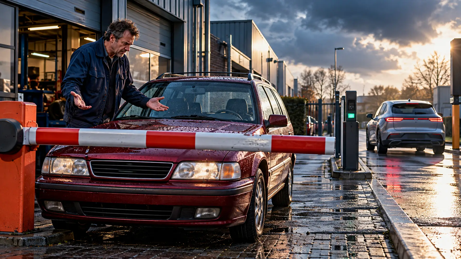 Ondernemer bij zijn oudere benzineauto achter een gesloten slagboom, terwijl een elektrische auto ongehinderd doorrijdt.