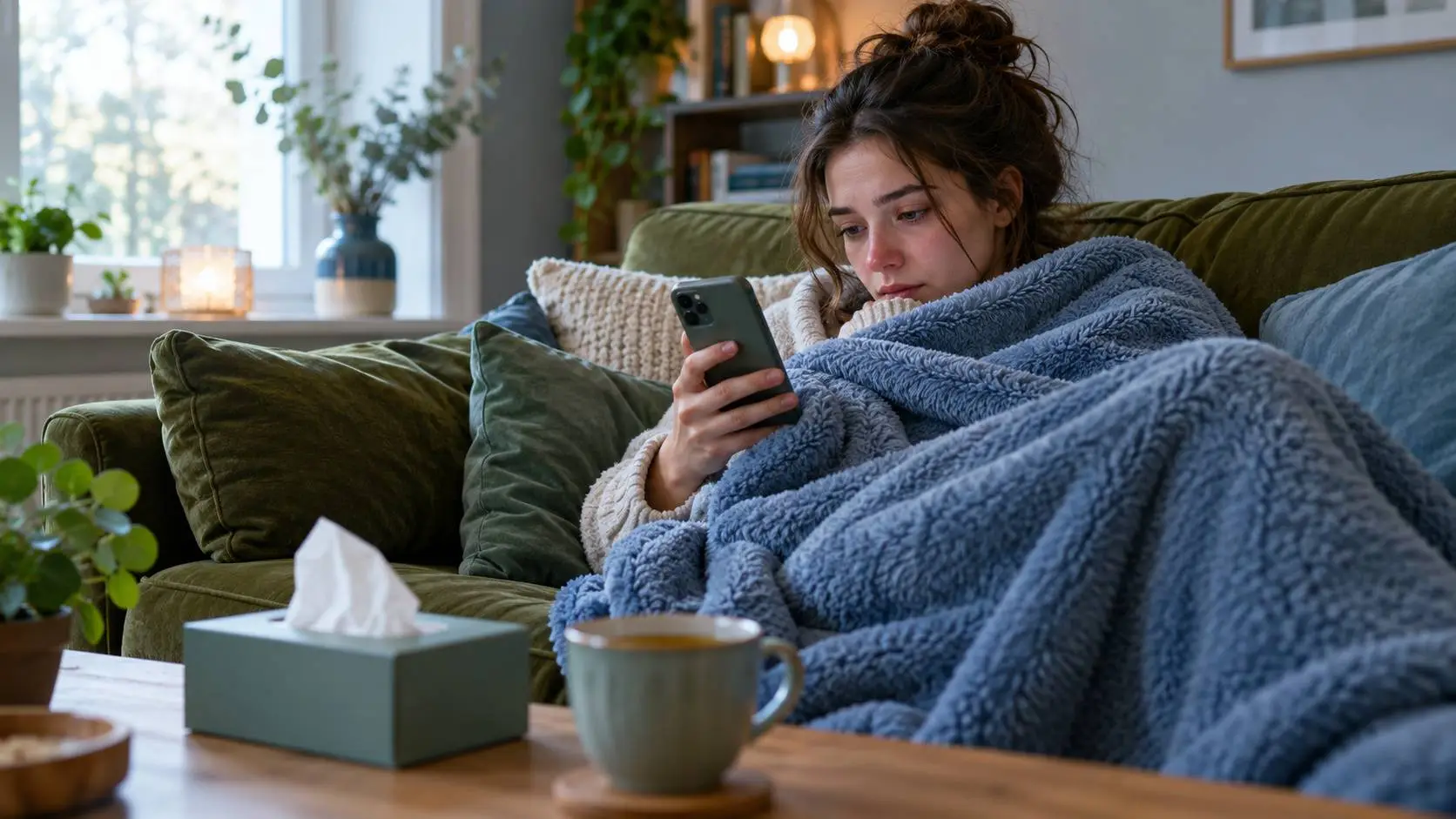Verkouden jonge vrouw onder een deken op de bank kijkt naar haar telefoon.