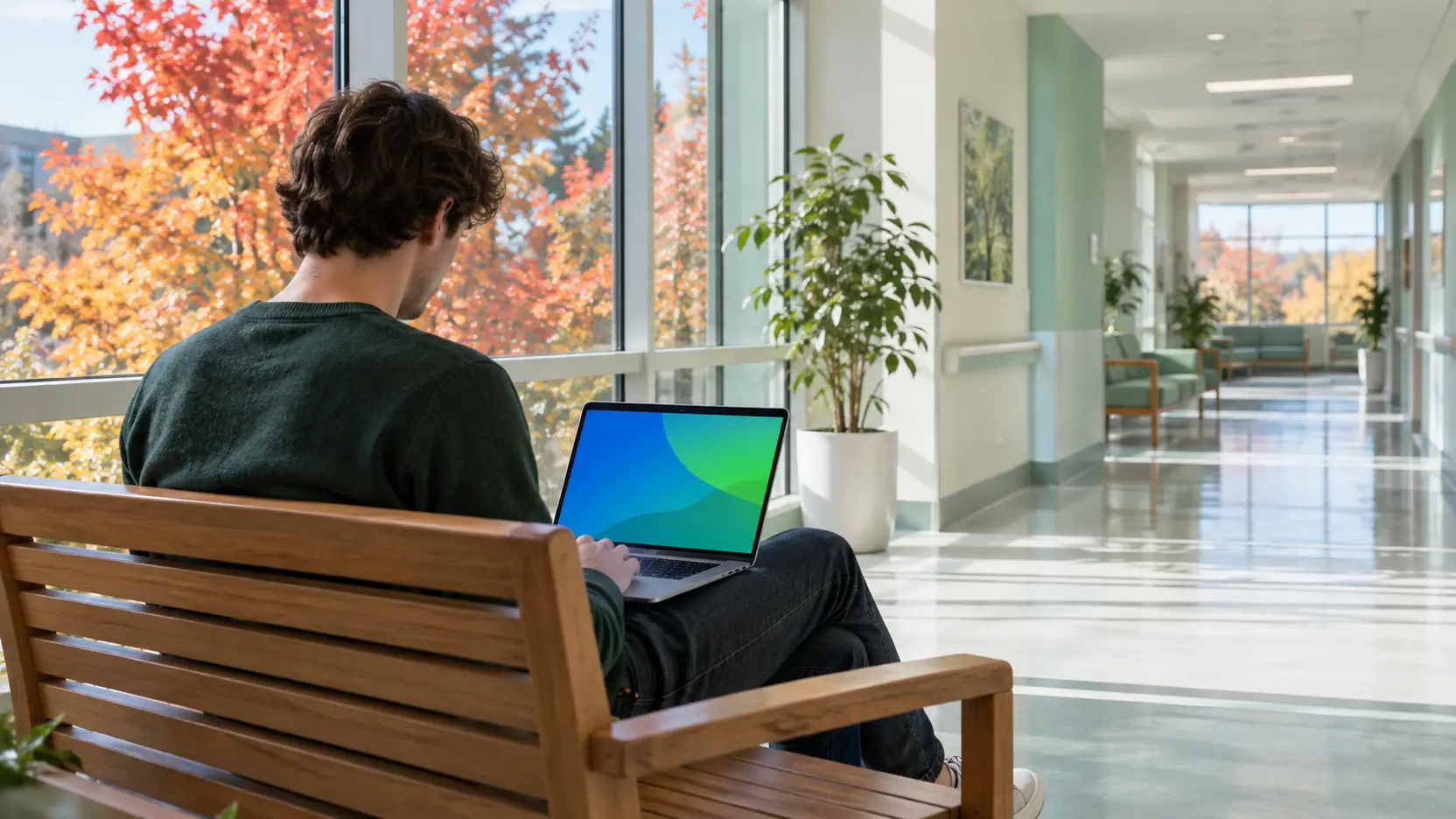 Man met een laptop op een bankje in een lichte ziekenhuisgang, met herfstbomen achter de ramen.