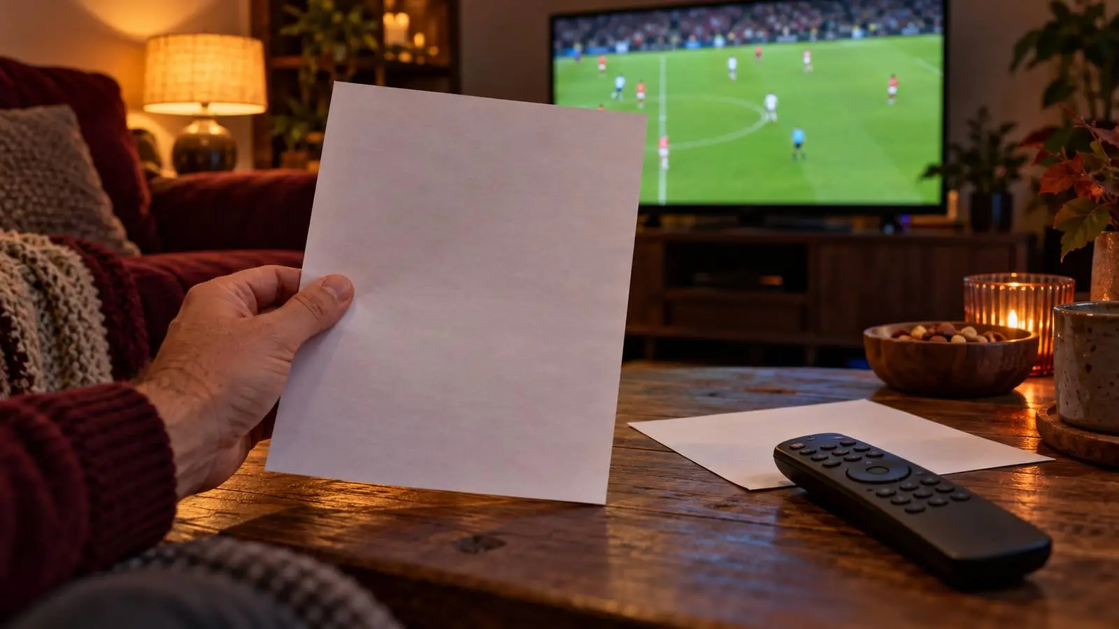 Illustratie van een hand met een rekening bij een afstandsbediening, met voetbal op de televisie op de achtergrond.