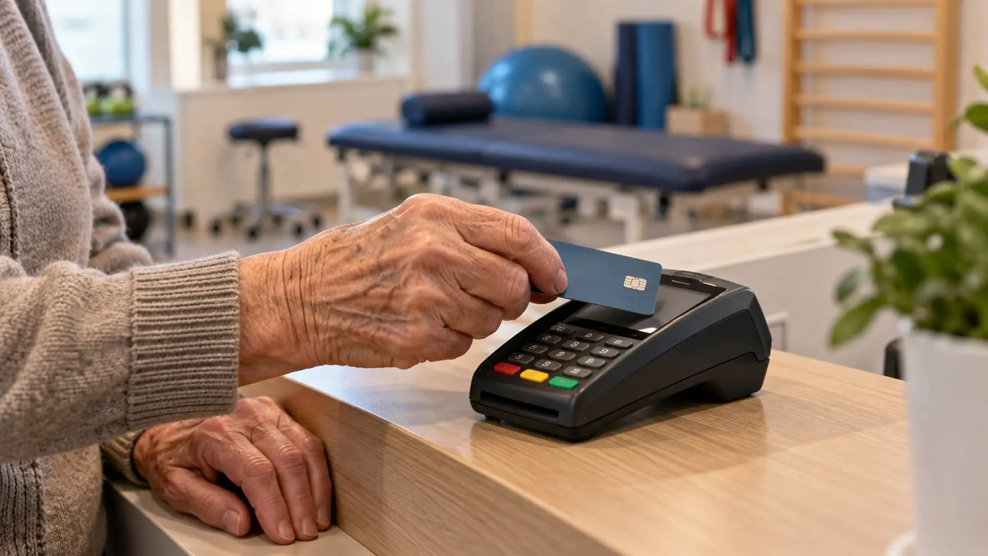 Patiënt rekent met een bankpas af bij een fysiotherapiepraktijk.