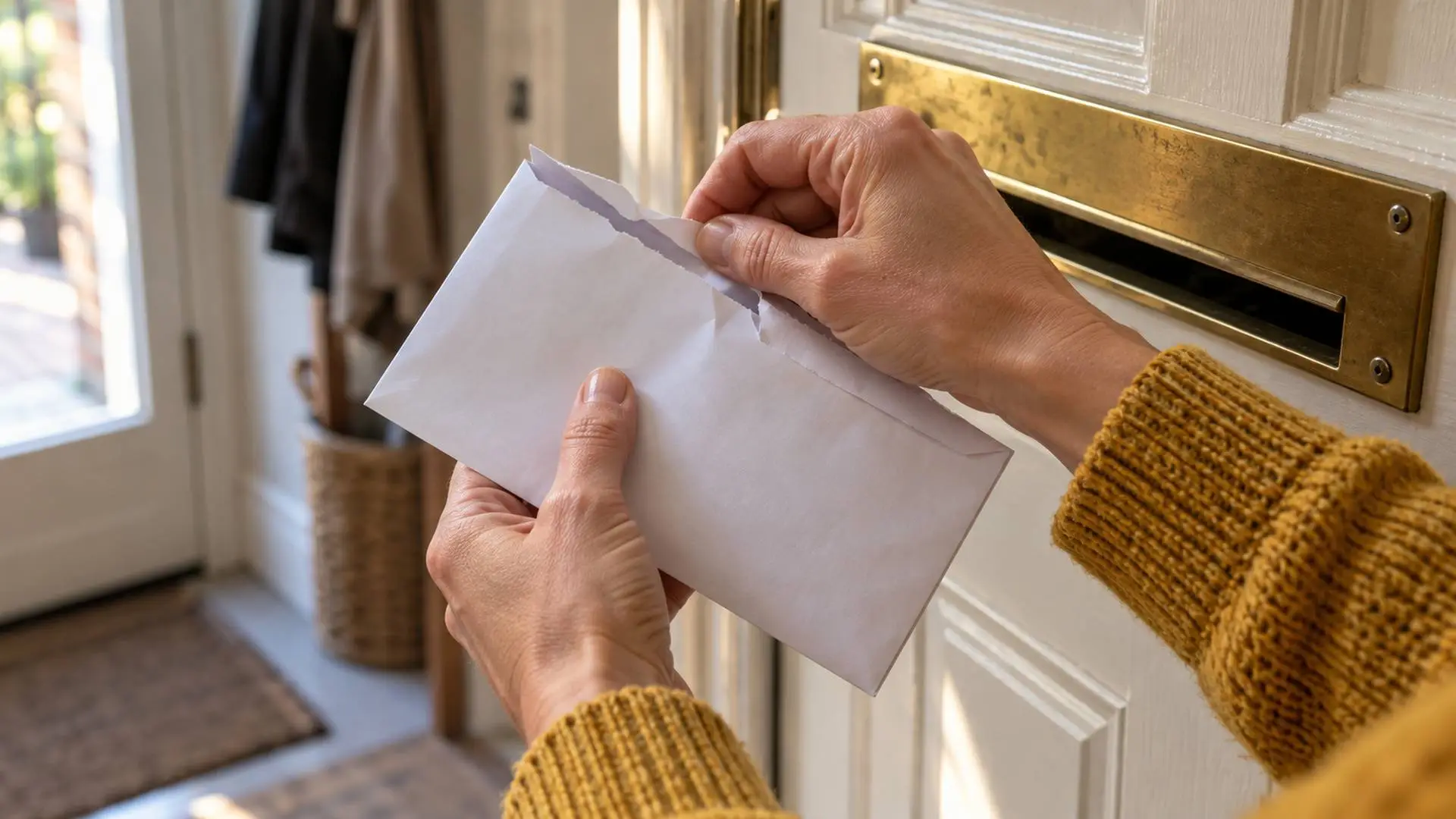 Handen openen een witte envelop naast de brievenbus aan de binnenzijde van een voordeur.