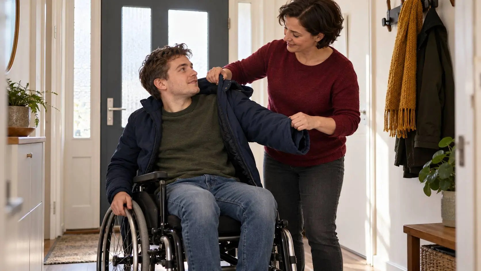 Zorgverlener helpt een jonge man in een rolstoel zijn winterjas aan te trekken in de hal van zijn woning.